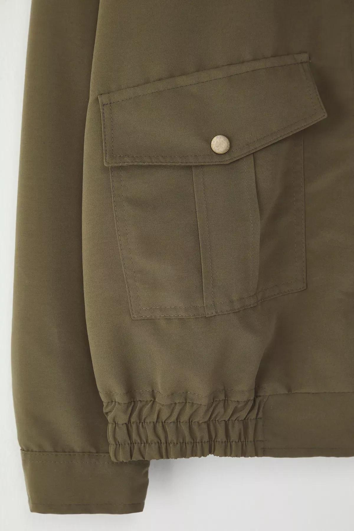 Green Regular Fit Collar Seasonal Jacket, Khaki, medium