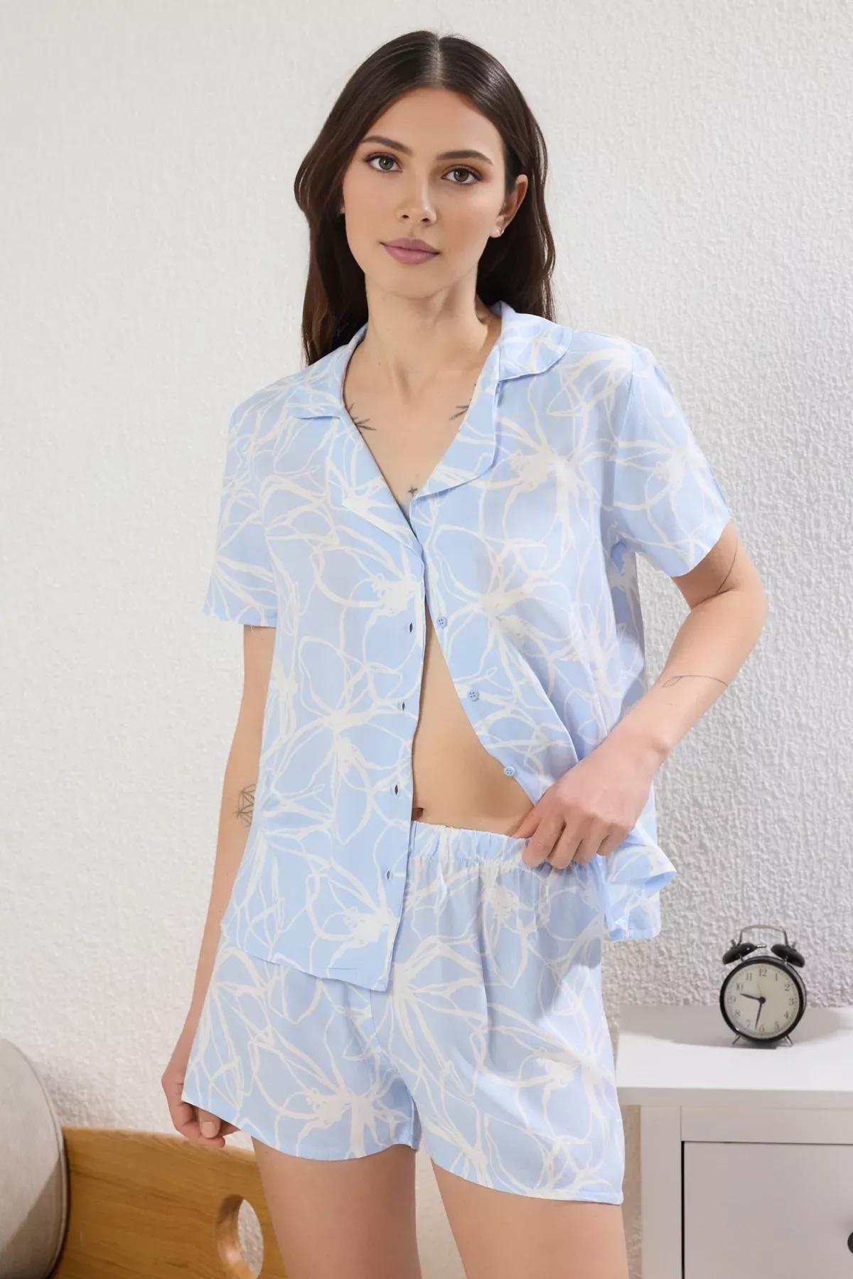 Blue Floral Shorts Pajama Set, , large image number 0