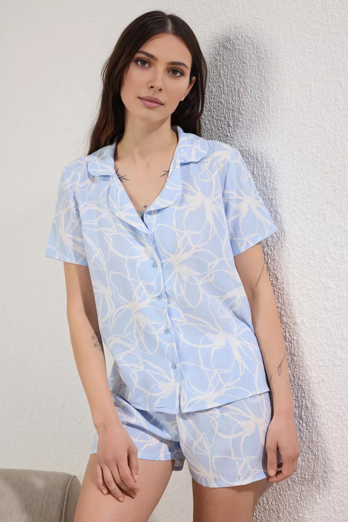 Blue Floral Shorts Pajama Set, , large image number 1