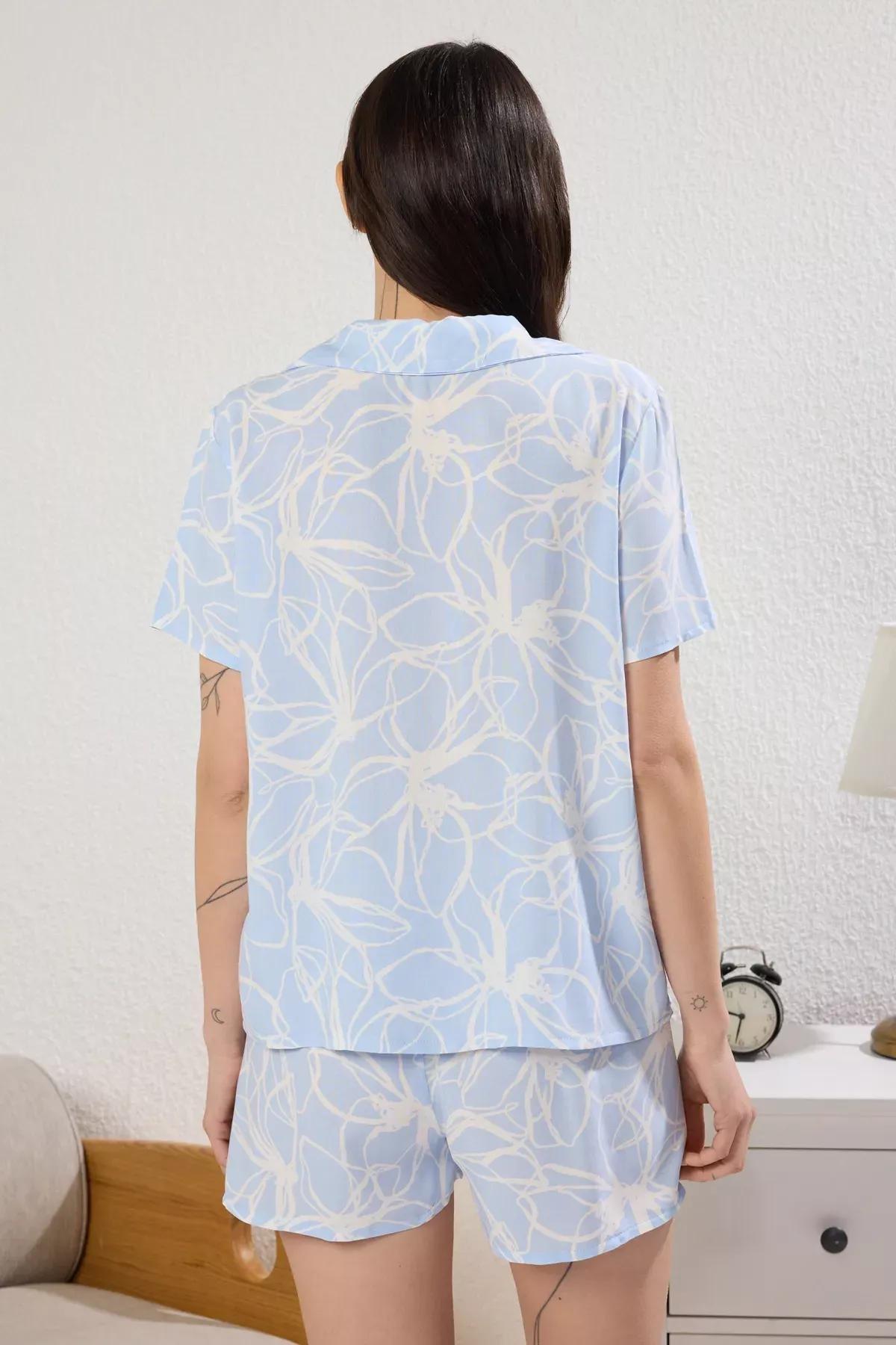 Blue Floral Shorts Pajama Set, , large image number 3