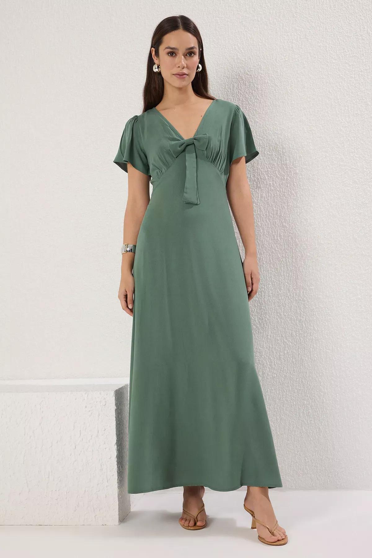 Green Bowknot Maxi Dress, Khaki, large image number 0