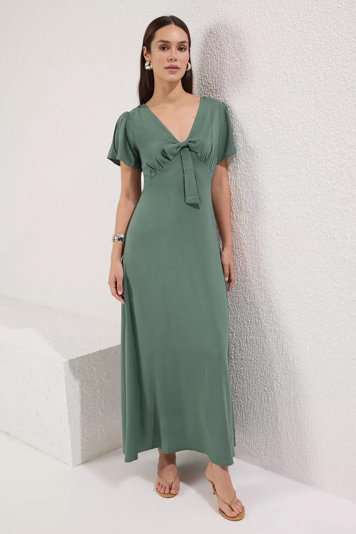 Green Bowknot Maxi Dress, Khaki, large image number 1