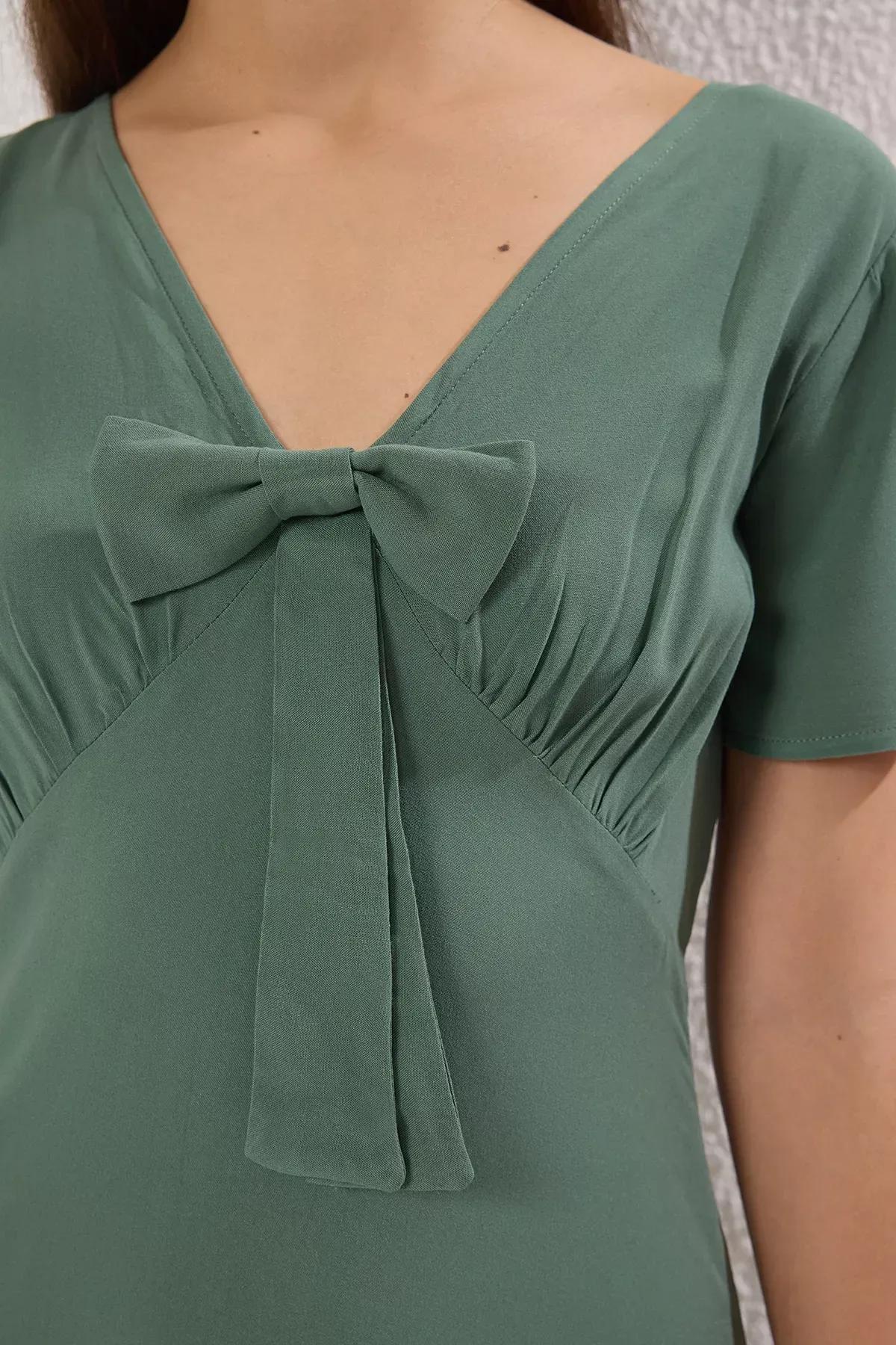 Green Bowknot Maxi Dress, Khaki, large image number 2