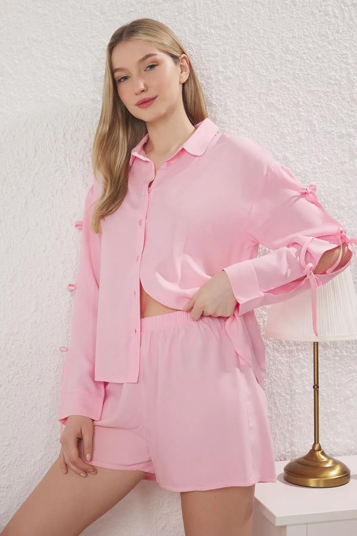 Pink Bow Tie Pajama Set with Shorts, Pink, large image number 1