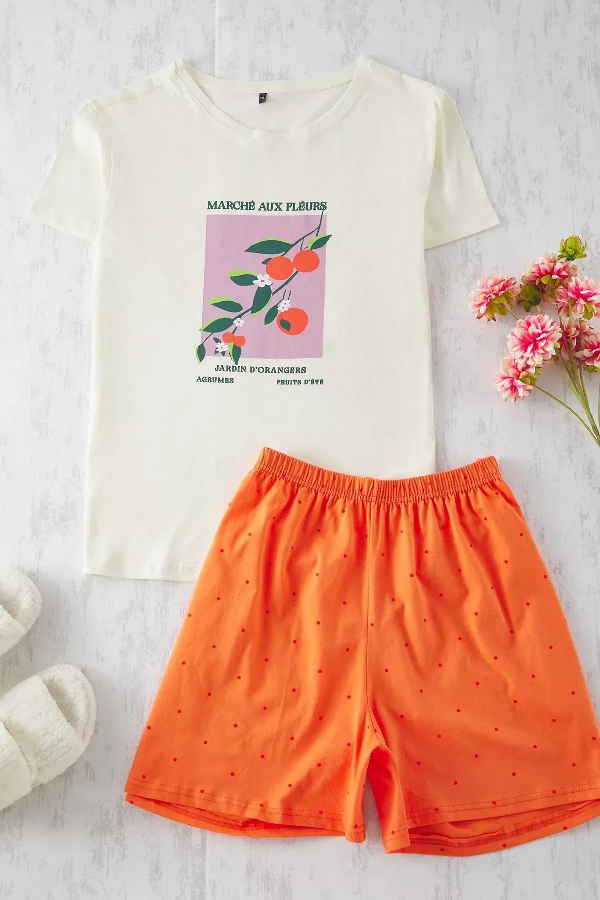 Orange Polka Dot Patterned Knitted Pyjamas Set, Orange, large image number 0