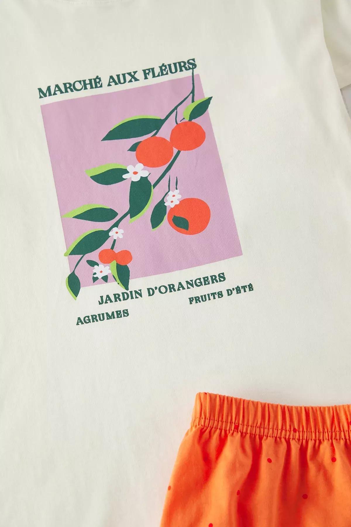 Orange Polka Dot Patterned Knitted Pyjamas Set, Orange, large image number 2