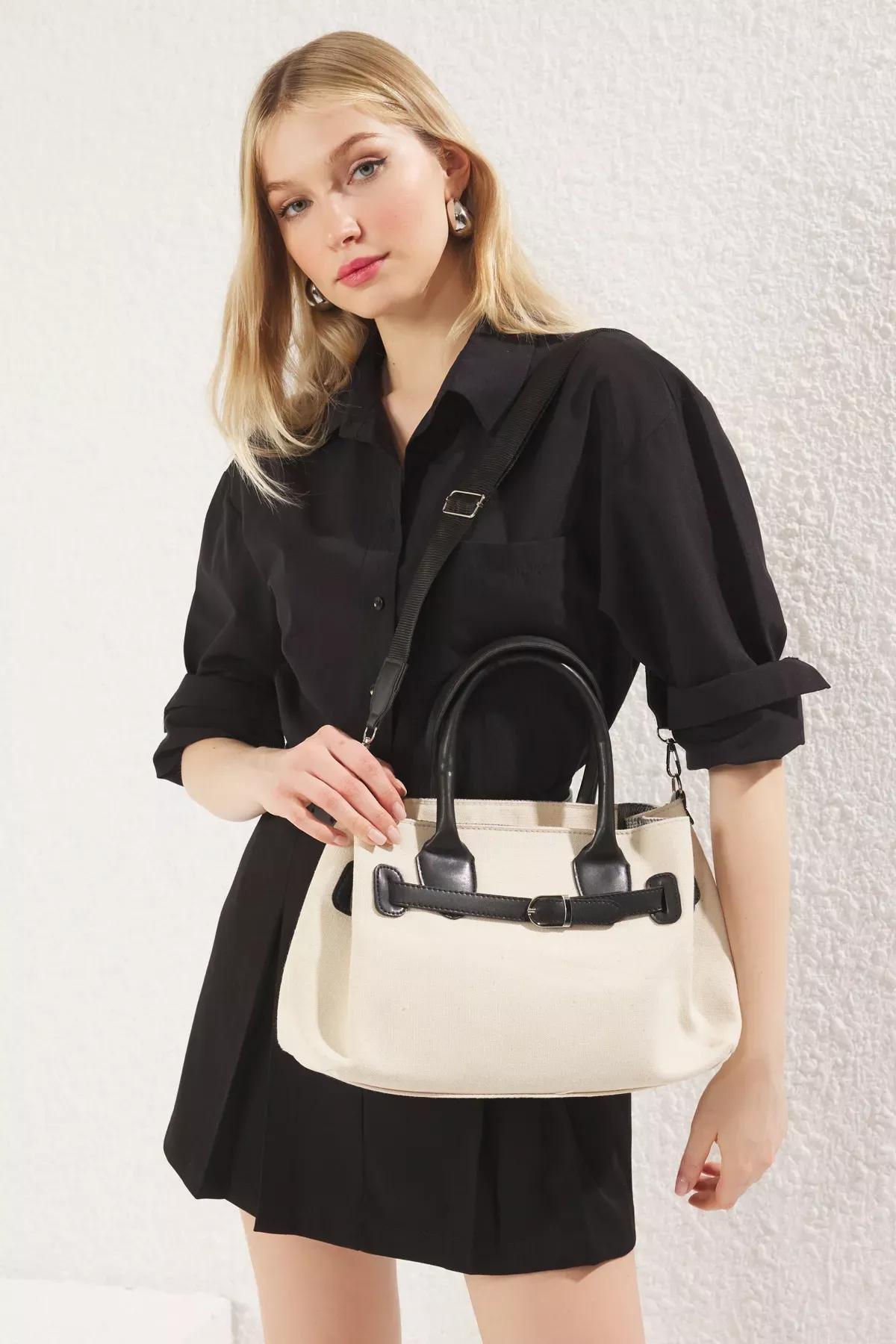 Beige Canvas Zippered Midi Bag, Ecru, large image number 0