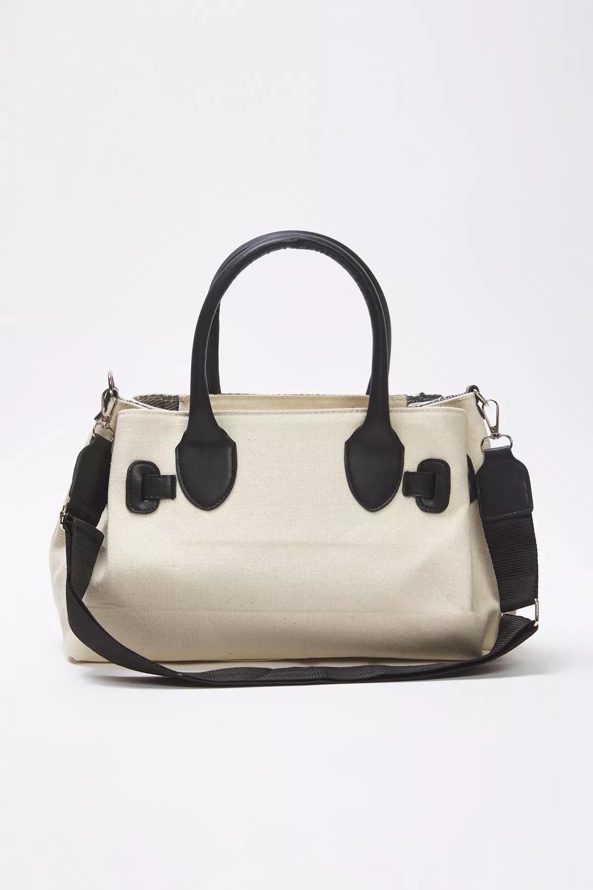 Beige Canvas Zippered Midi Bag, Ecru, large image number 4