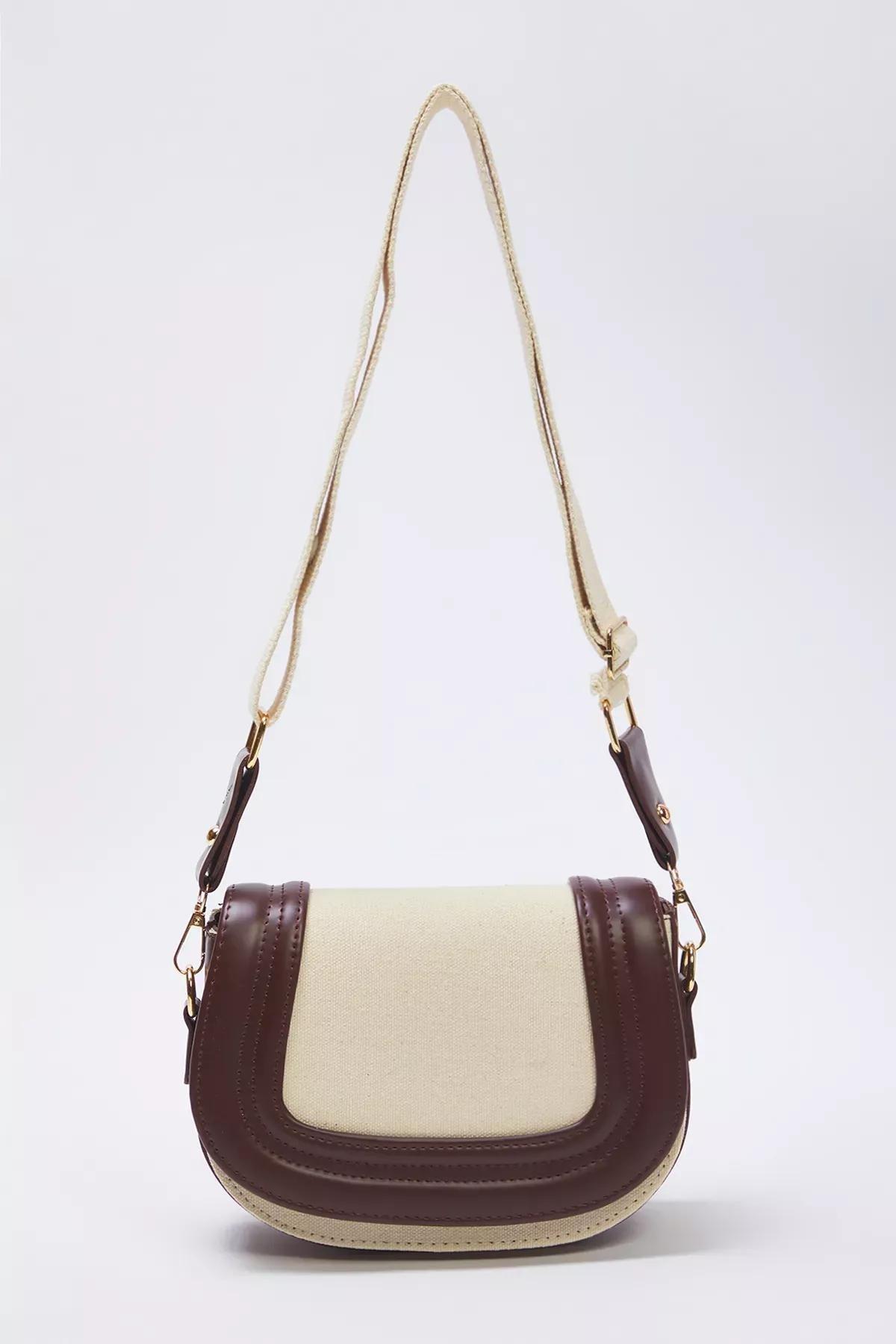Beige Leather Snap Crossbody Bag, Ecru, large image number 2