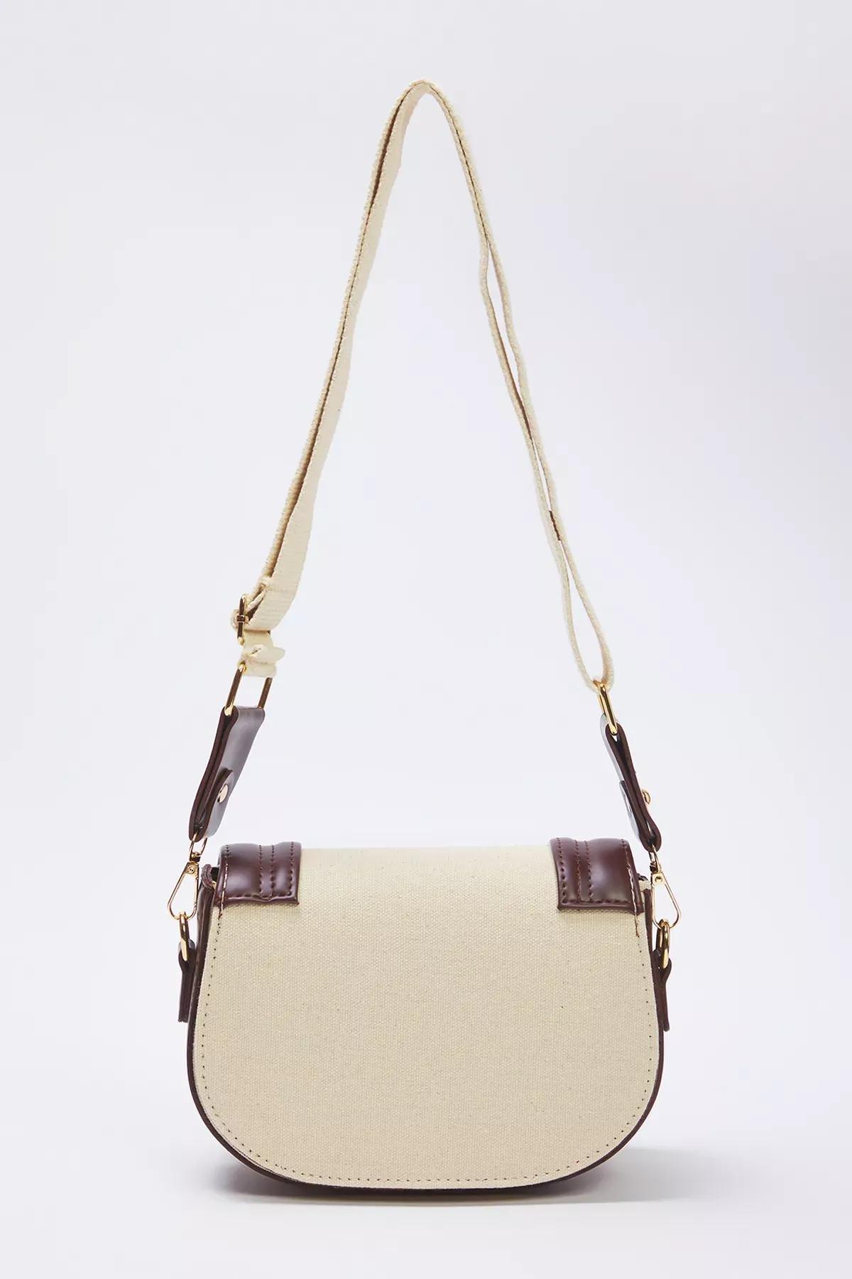 Beige Leather Snap Crossbody Bag, Ecru, large image number 4