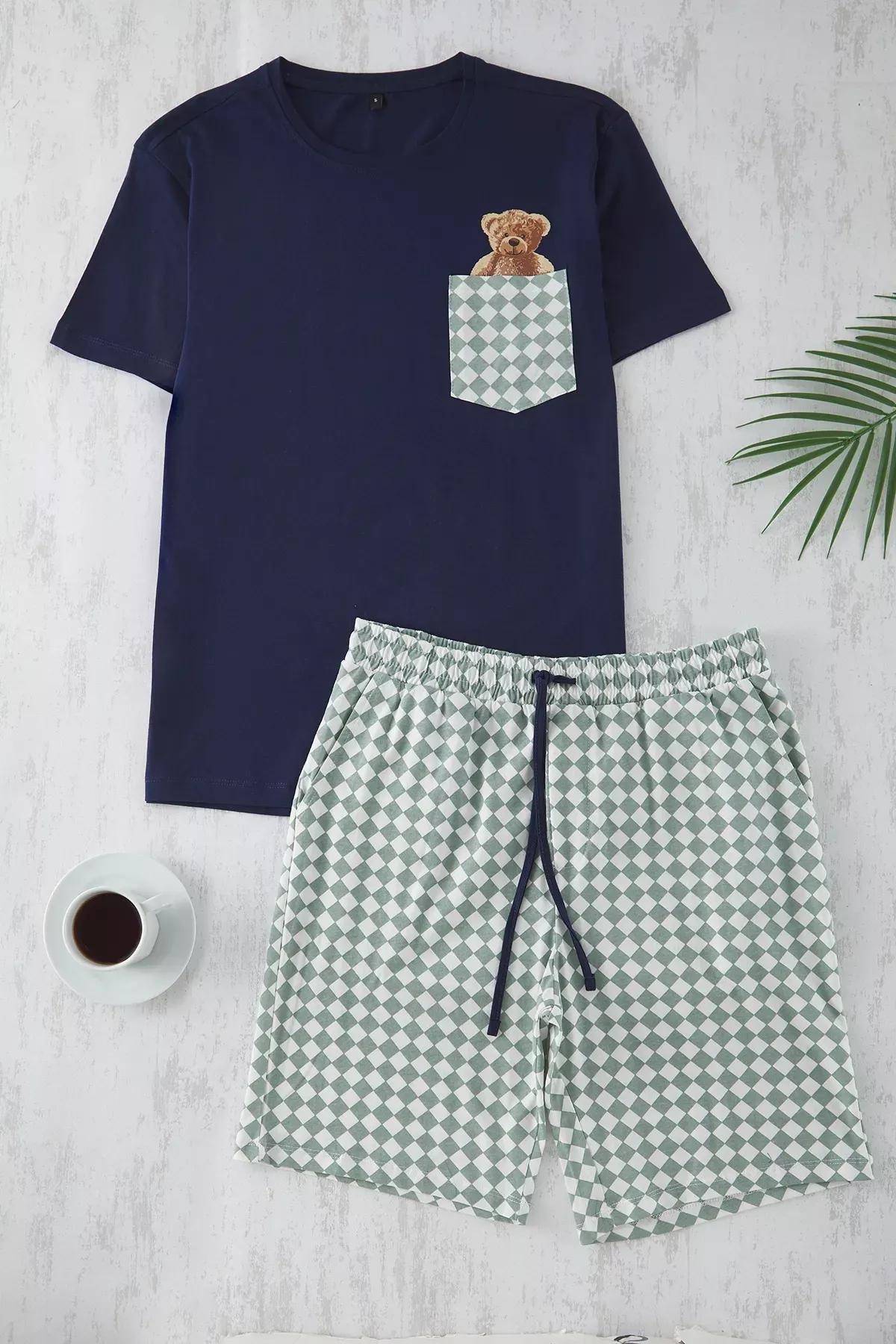 Navy Regular Plaid Couple Pajama Set, Navy blue, medium