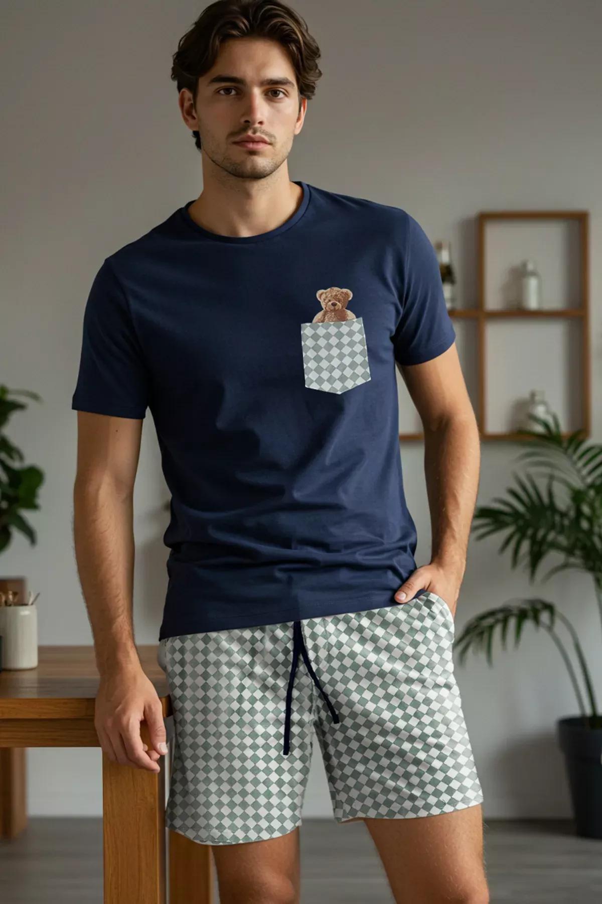 Navy Regular Plaid Couple Pajama Set, Navy blue, large image number 1
