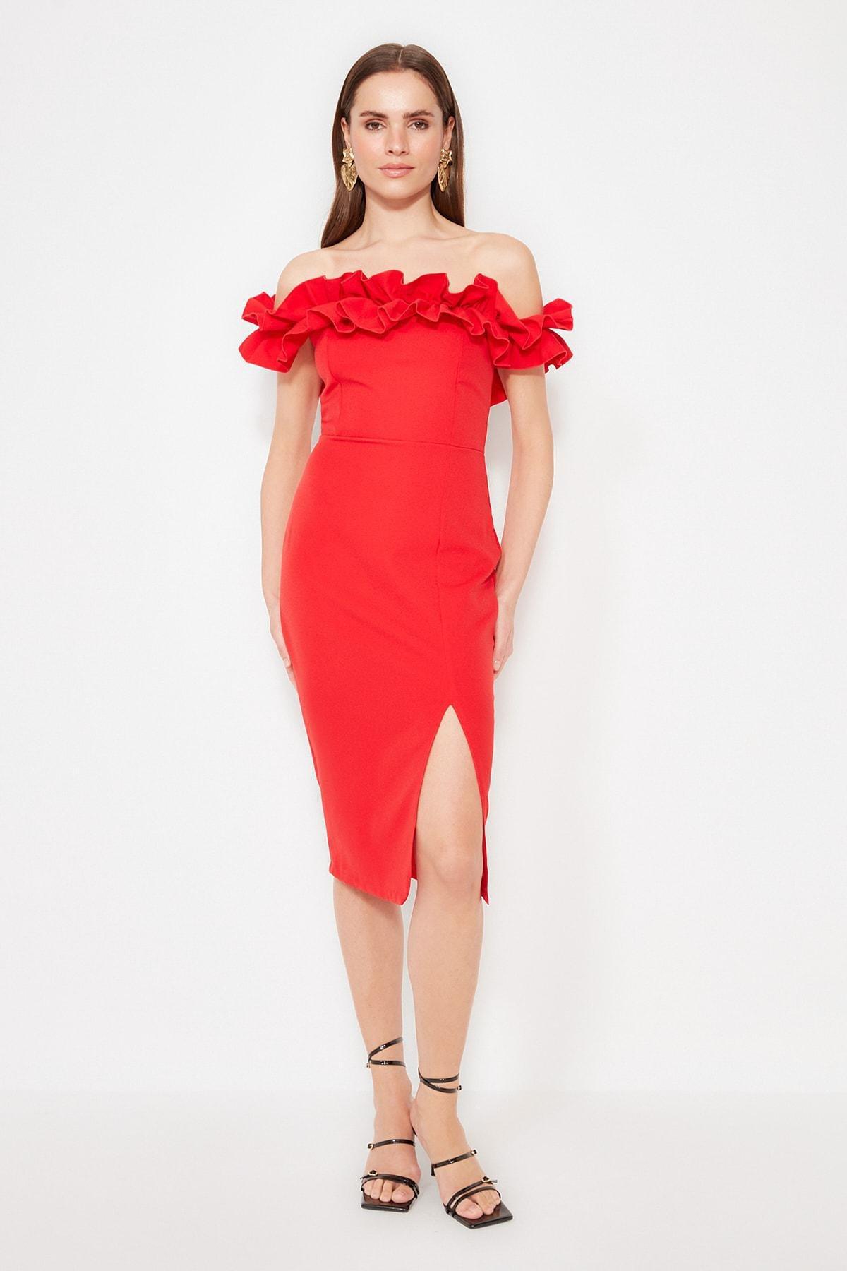 Red Bodycon Carmen Collar Dress, , large image number 1