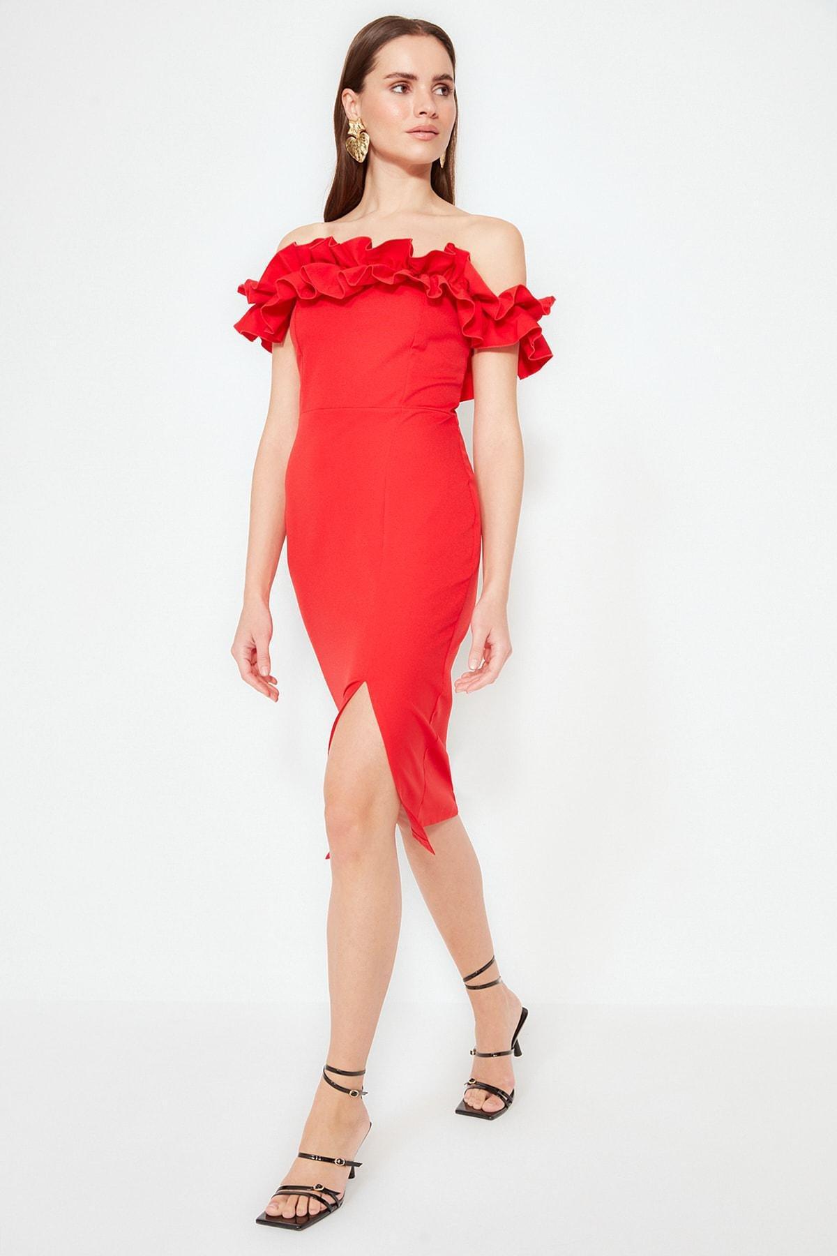 Red Bodycon Carmen Collar Dress, , large image number 2