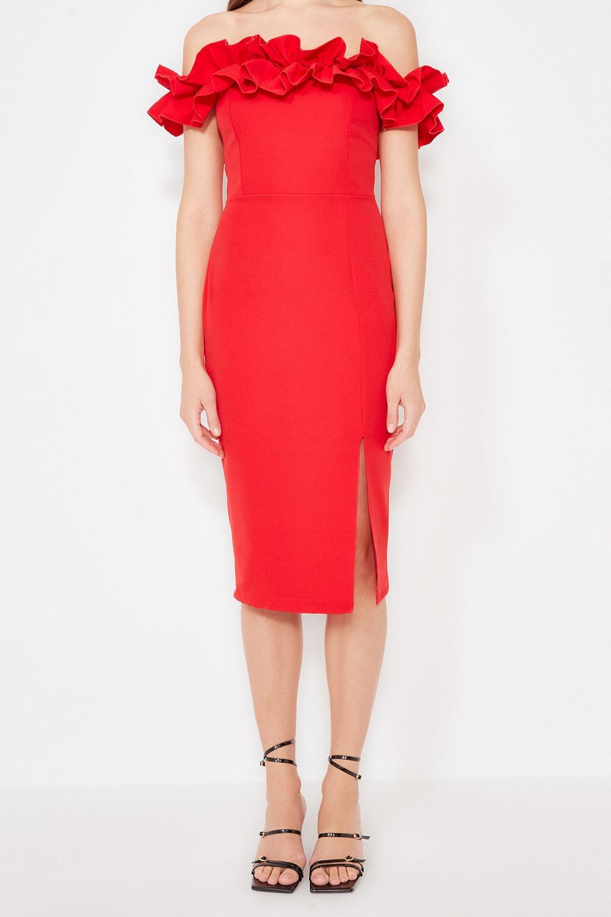 Red Bodycon Carmen Collar Dress, , large image number 4
