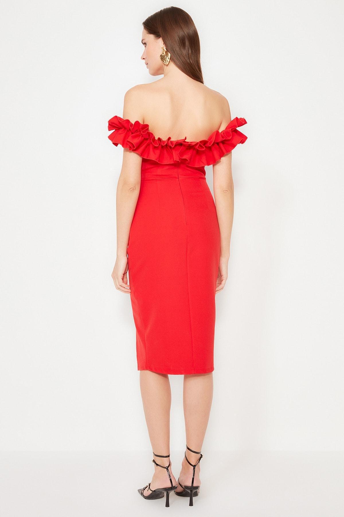 Red Bodycon Carmen Collar Dress, , large image number 6