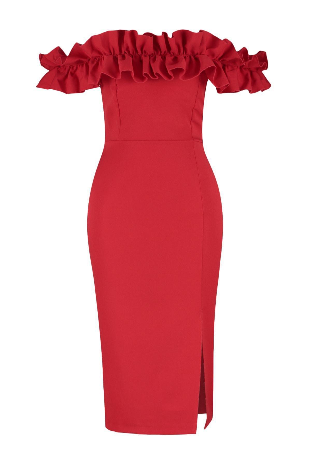 Red Bodycon Carmen Collar Dress, , large image number 7