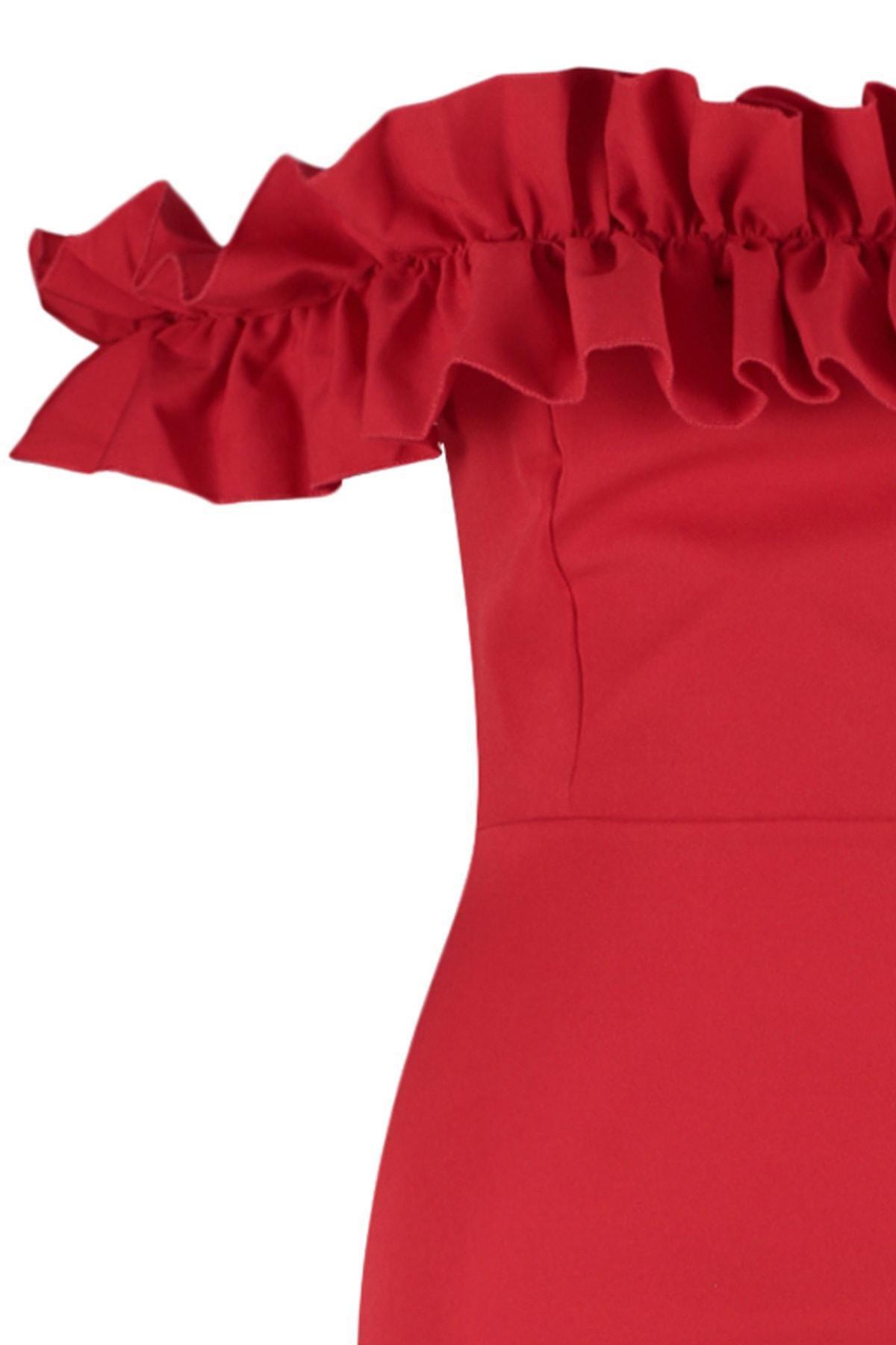 Red Bodycon Carmen Collar Dress, , large image number 8