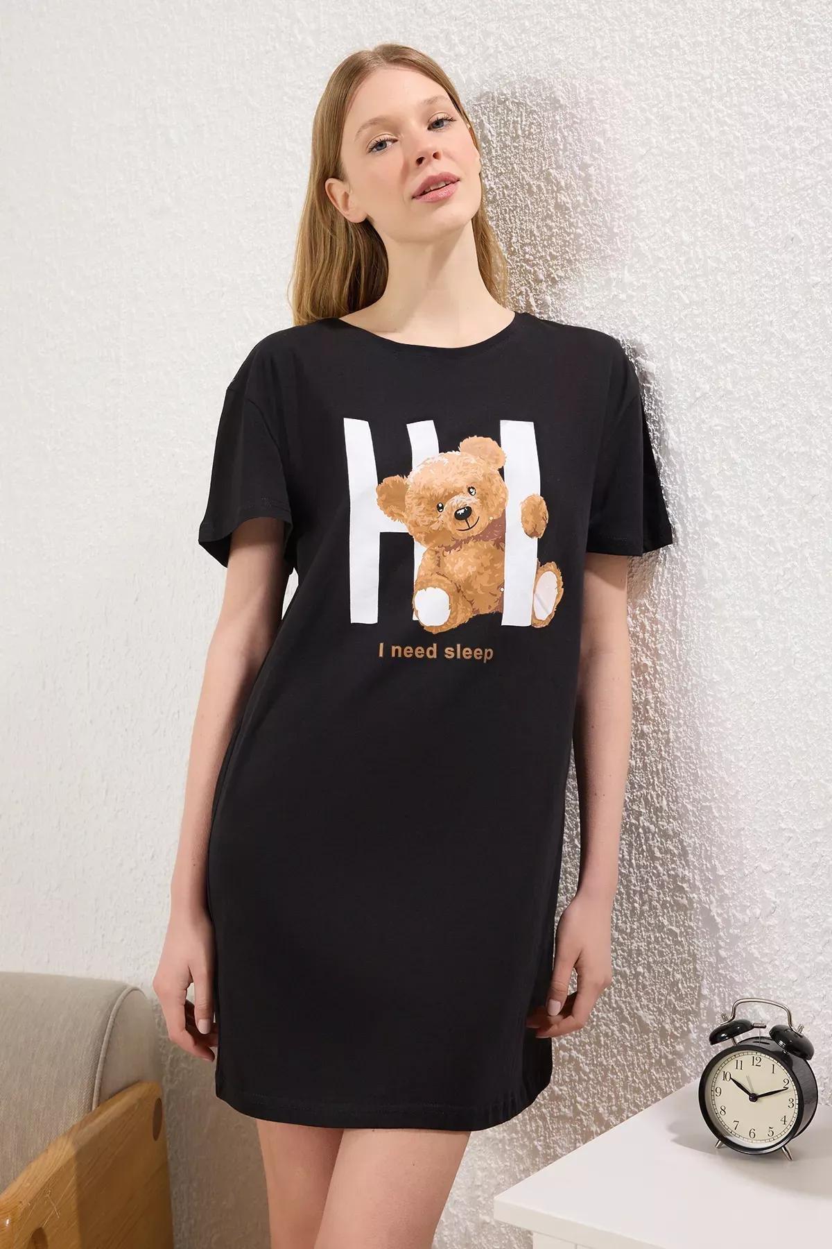 Black Teddy Bear Slogan Nightgown, , large image number 0