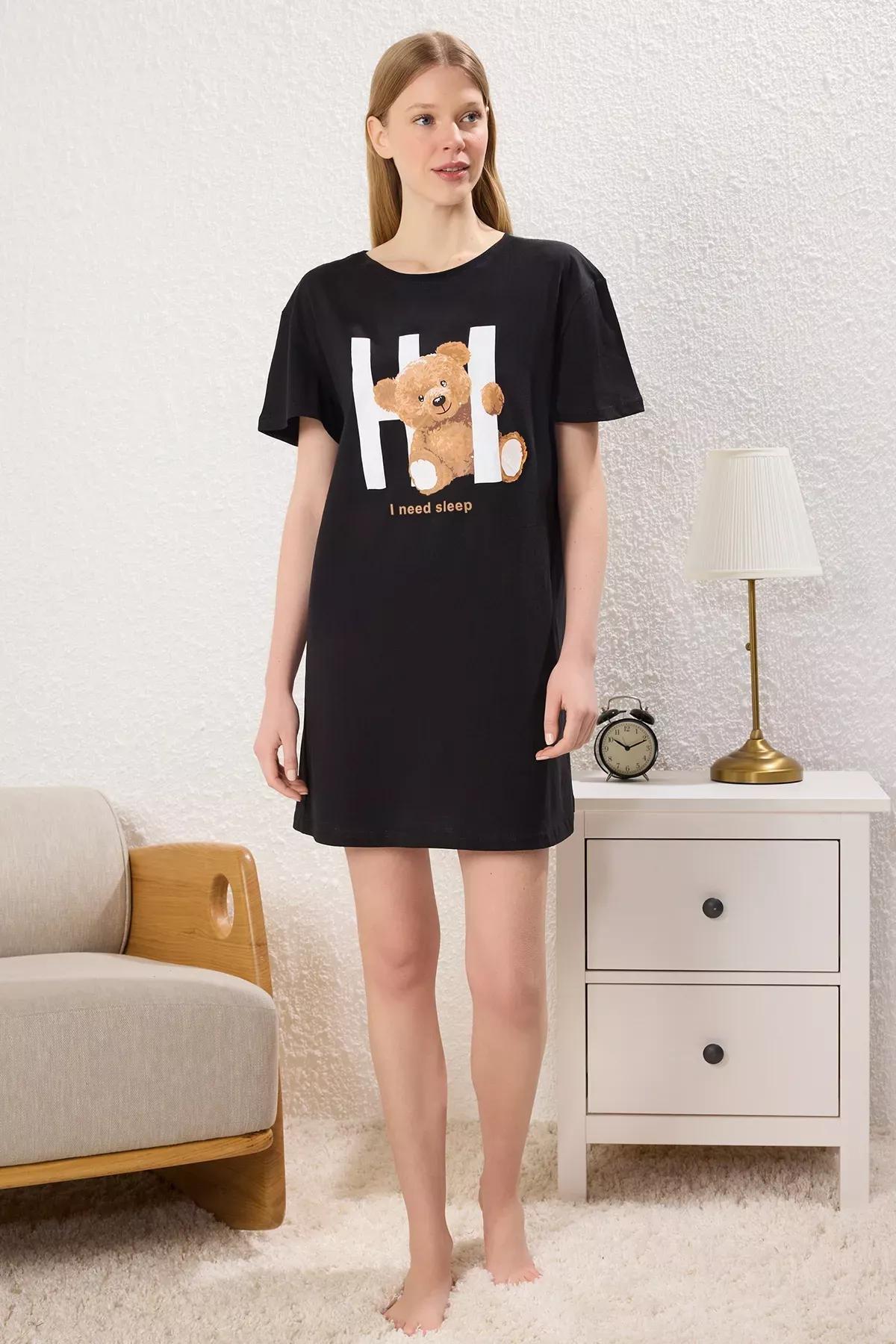 Black Teddy Bear Slogan Nightgown, , large image number 1