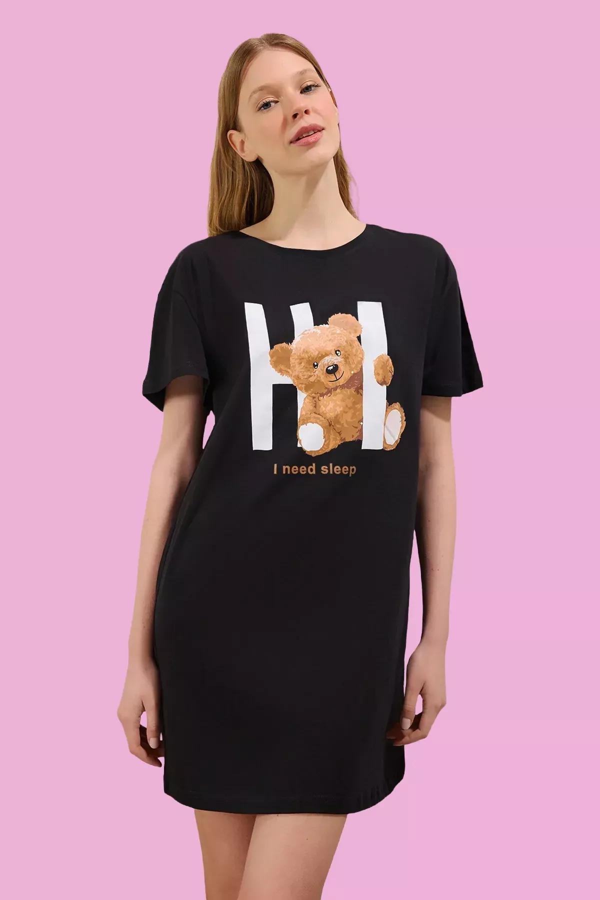 Black Teddy Bear Slogan Nightgown, , large image number 1