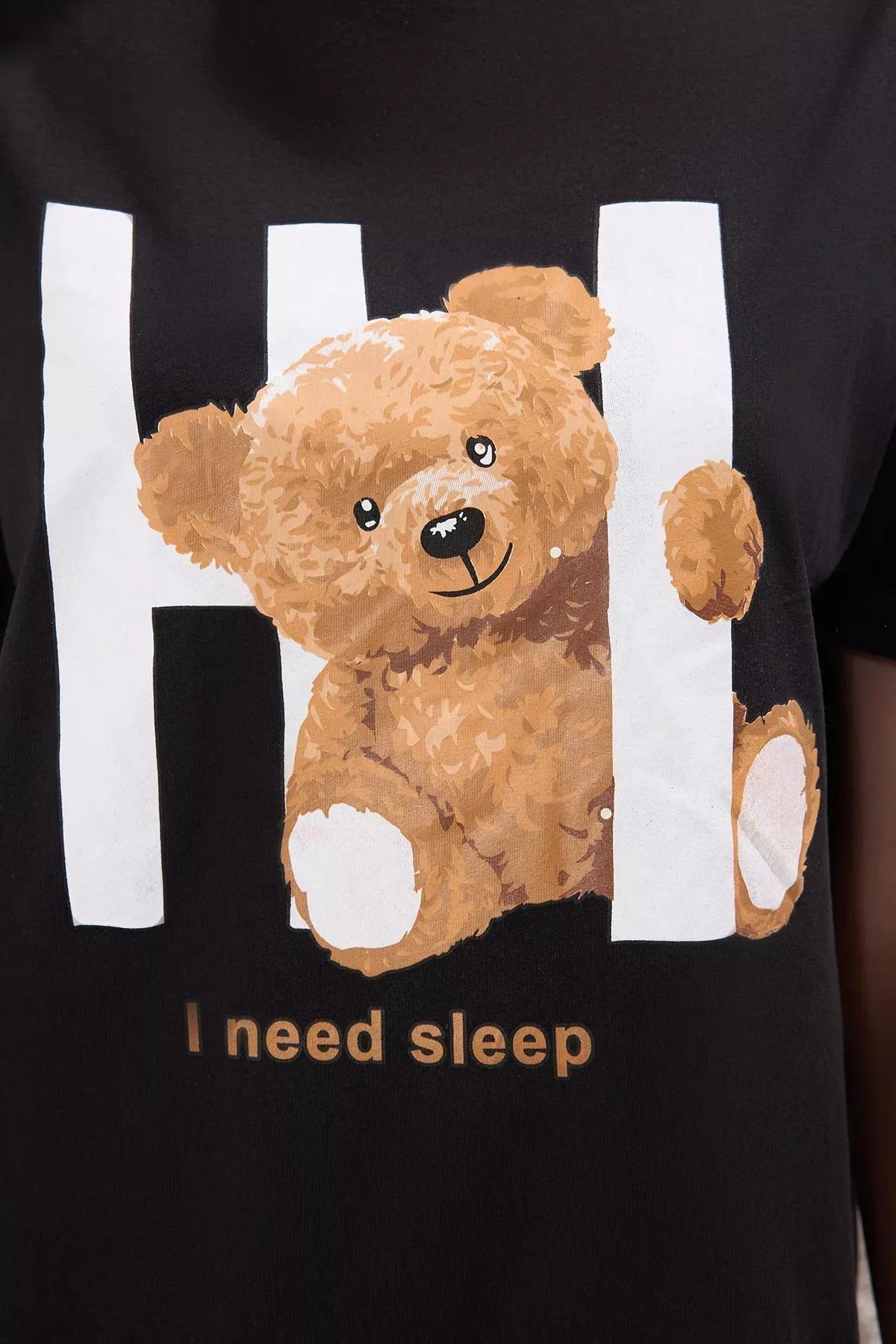 Black Teddy Bear Slogan Nightgown, BLACK, large image number 3