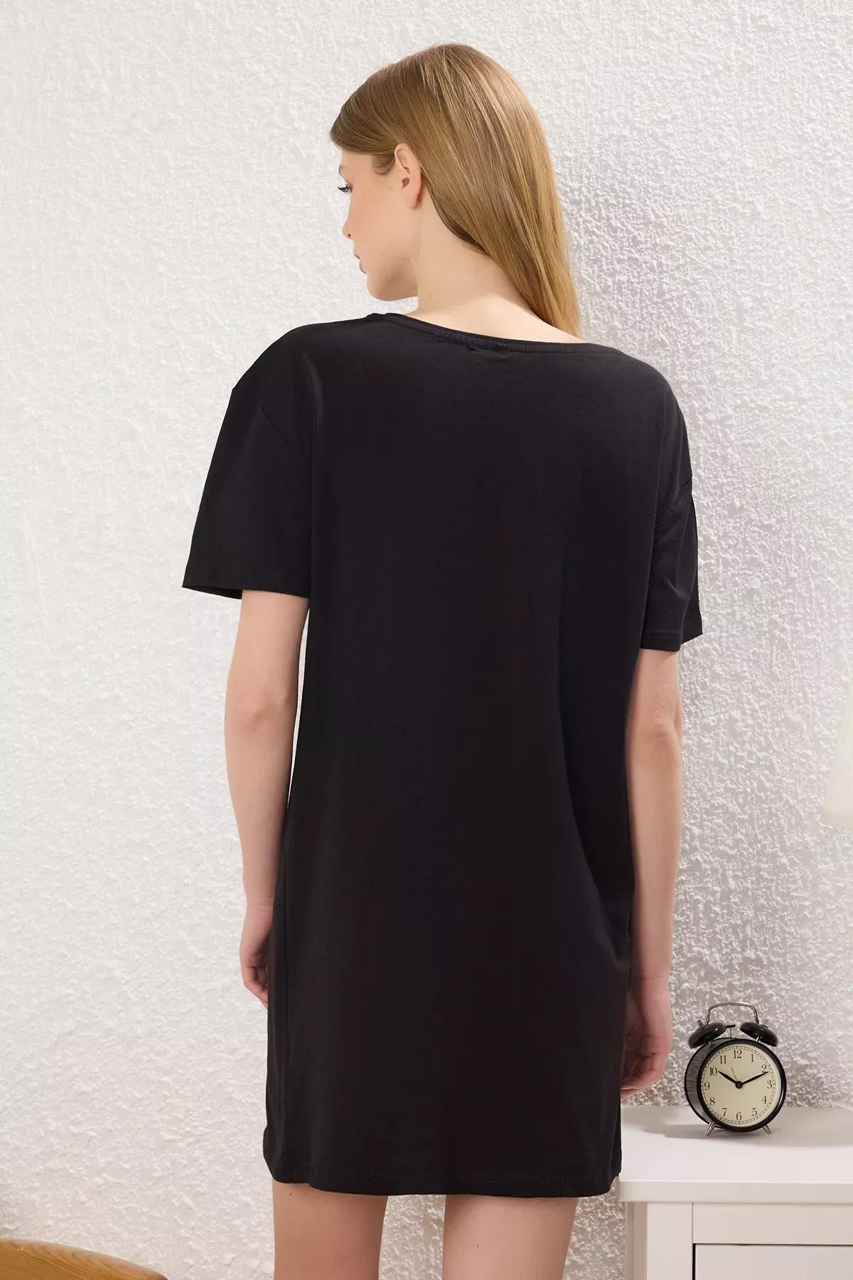 Black Teddy Bear Slogan Nightgown, BLACK, large image number 4