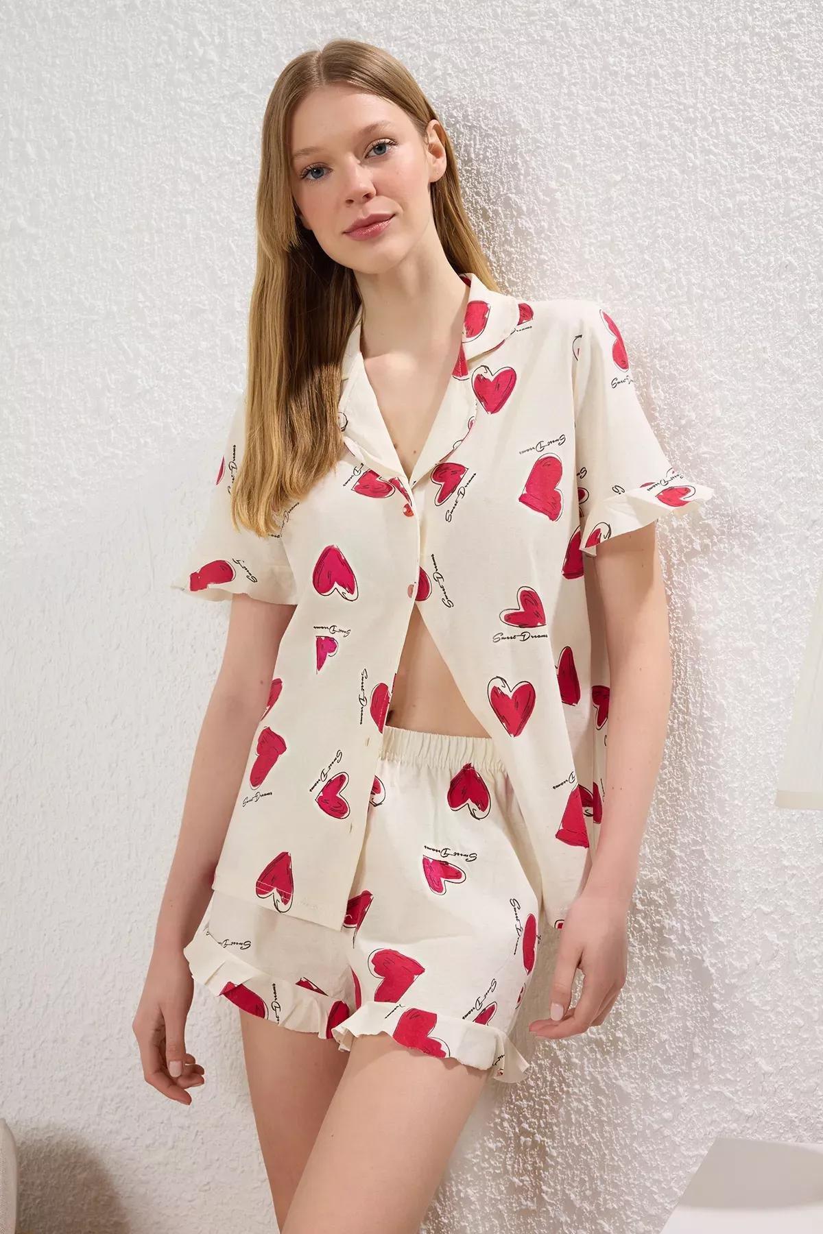 Beige Heart Flounce Pajama Set, Ecru, medium