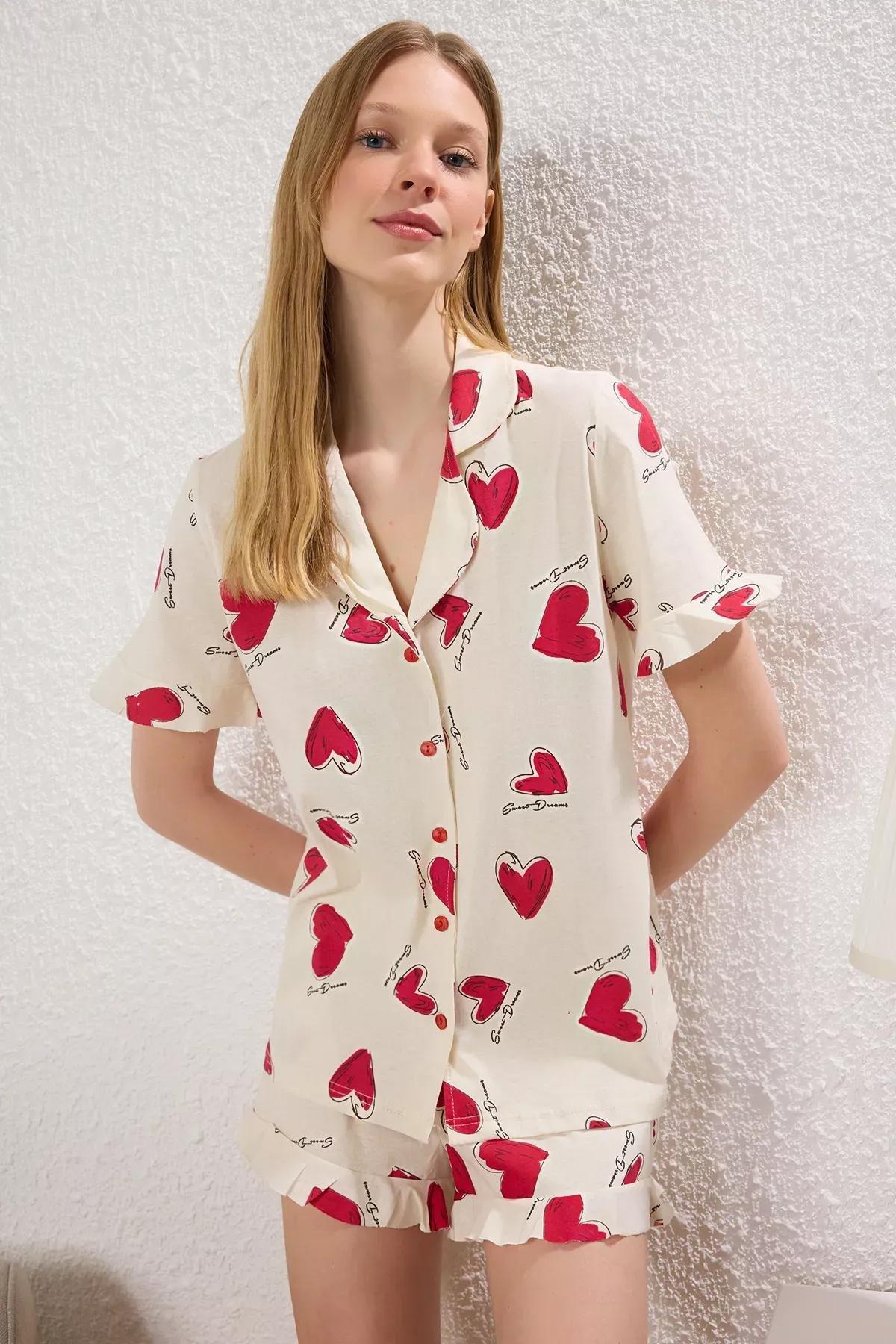 Beige Heart Flounce Pajama Set, Ecru, medium