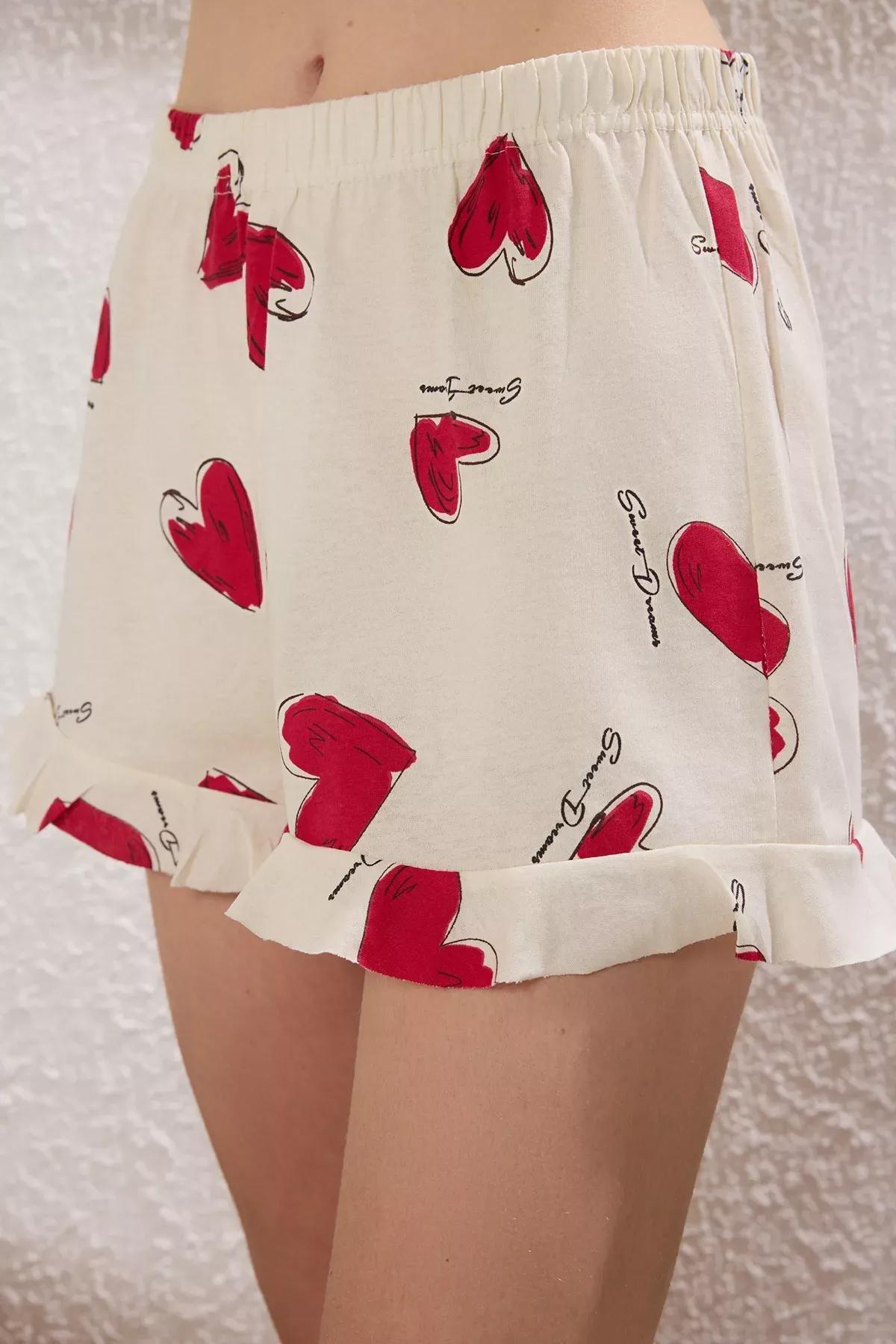 Beige Heart Flounce Pajama Set, Ecru, medium