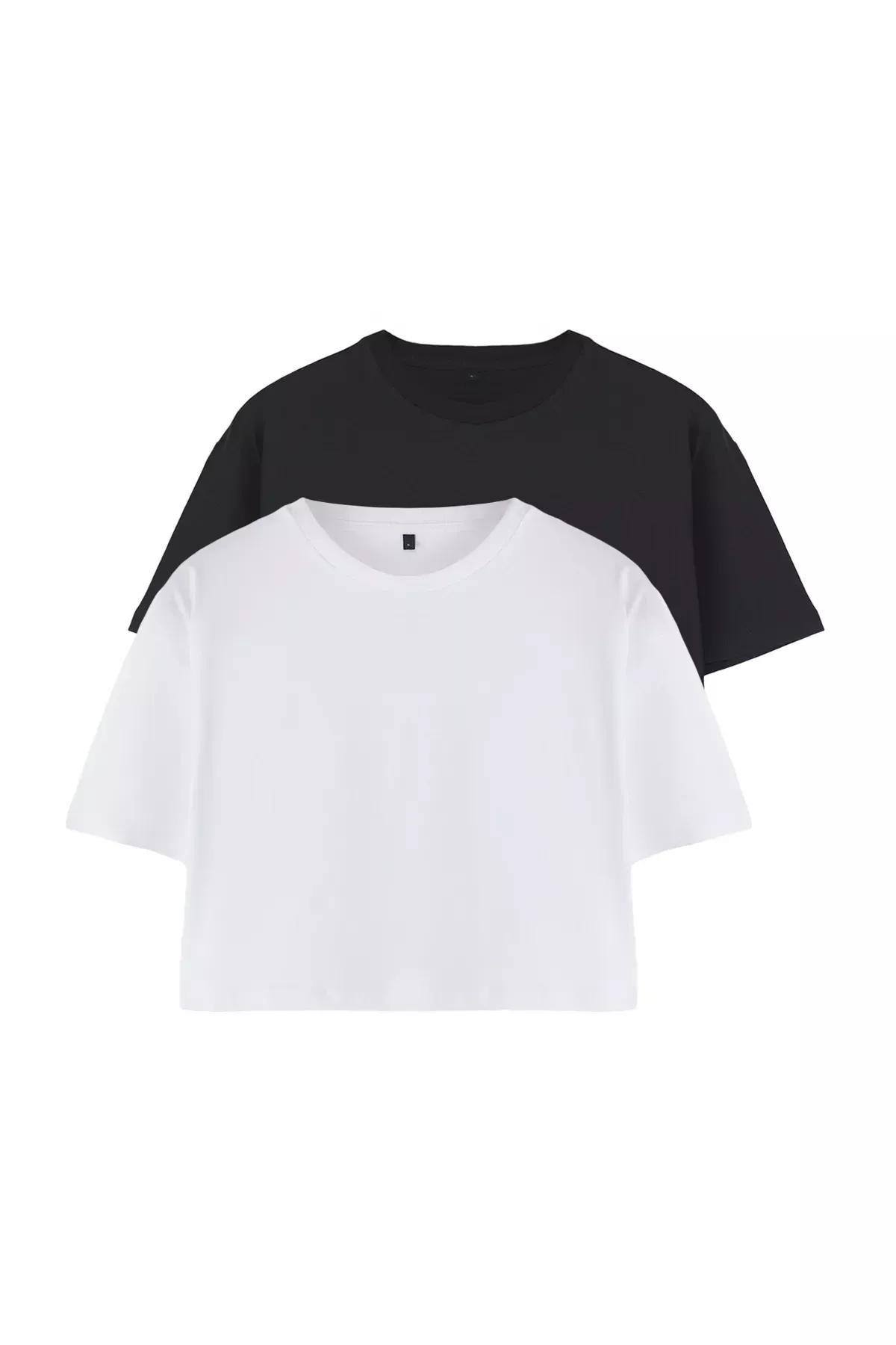 Black-White Relaxed Crop T-shirt, BLACK WHITE, large image number 5