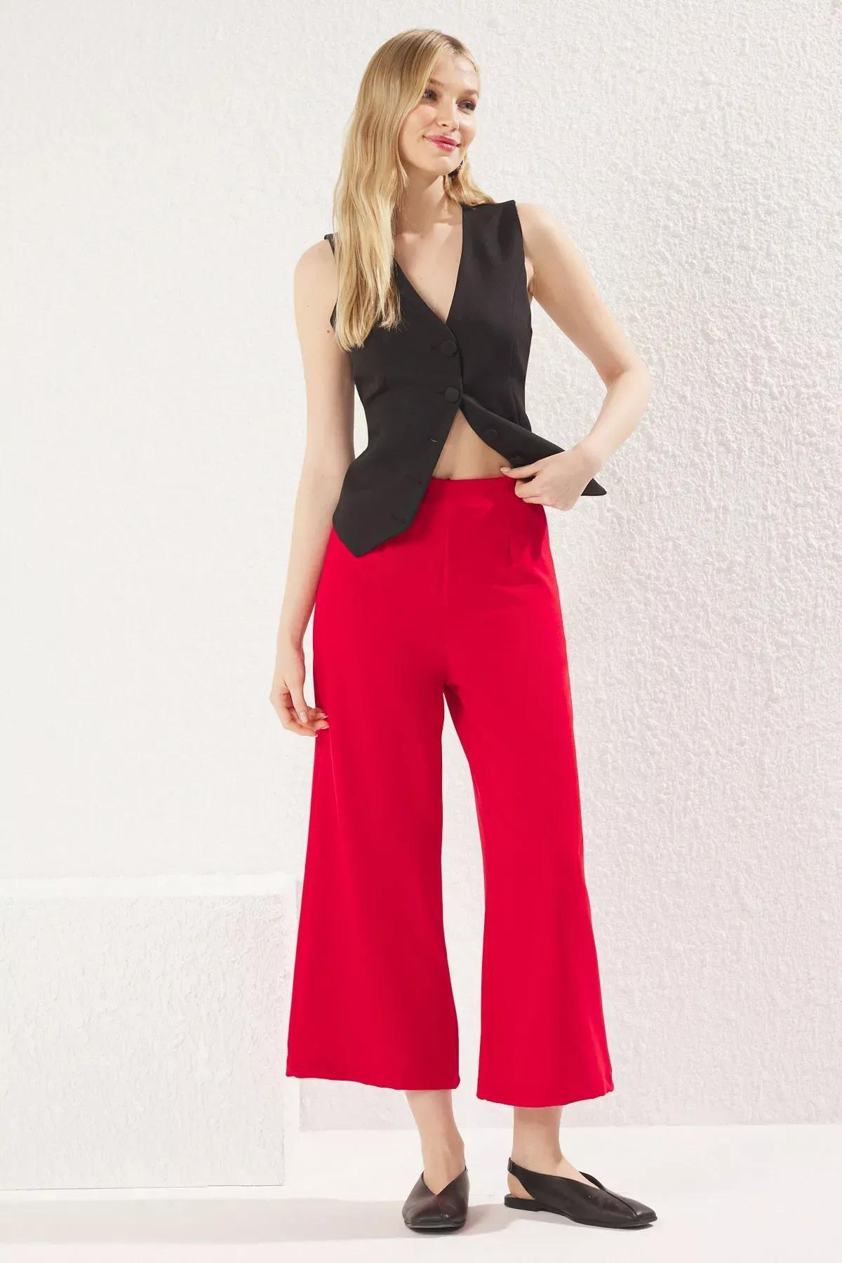 Red Wide Leg Culotte Trousers, Red, large image number 0