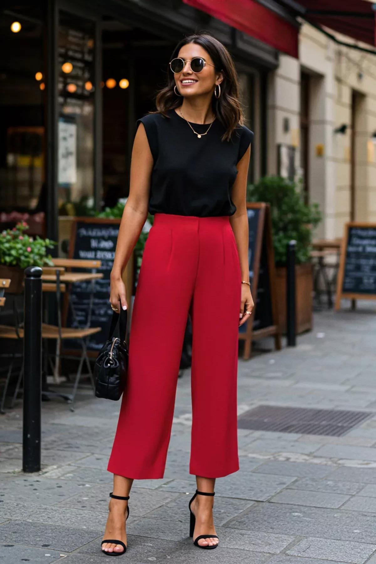 Red Wide Leg Culotte Trousers, Red, large image number 1
