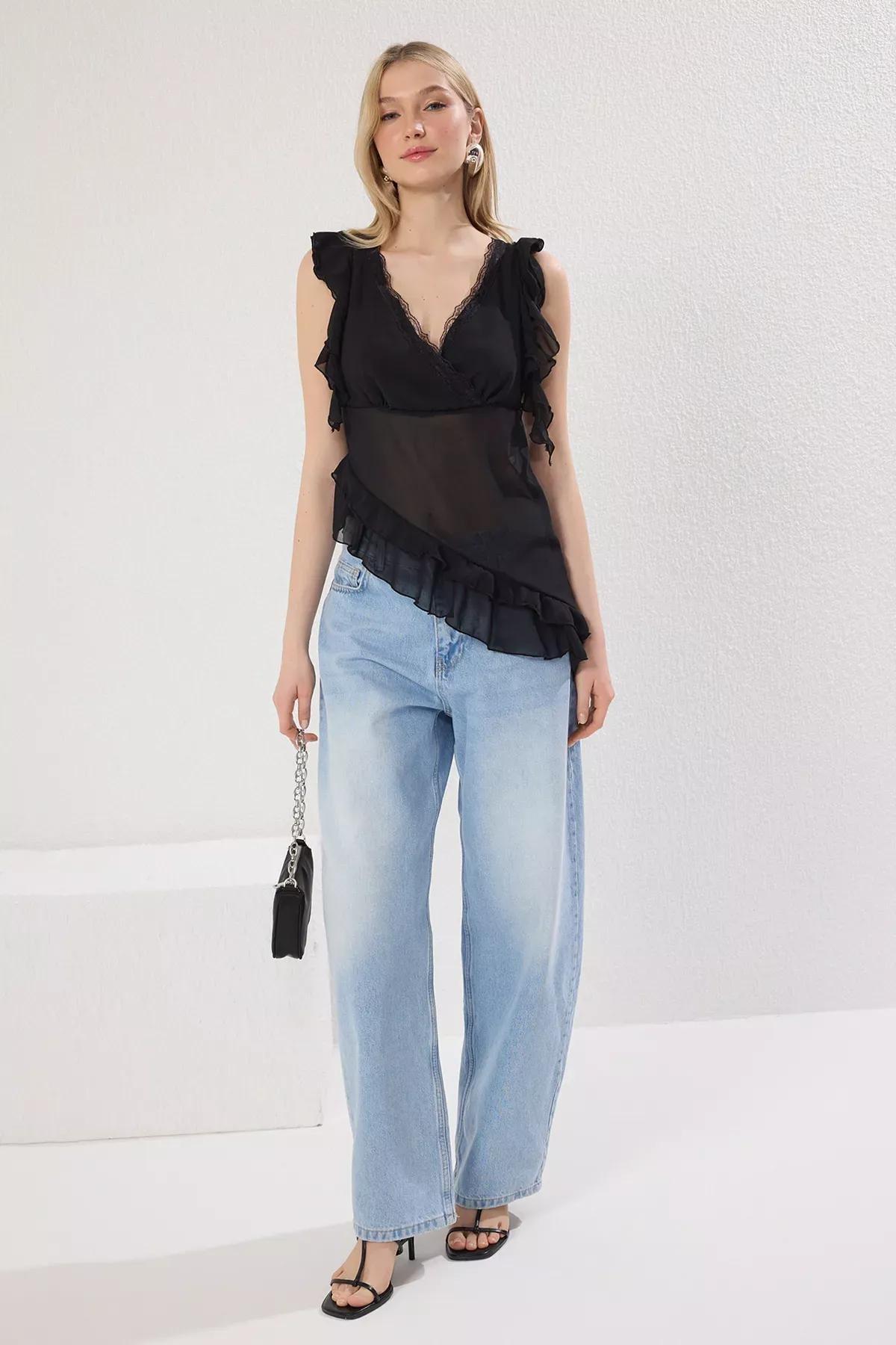 Black Chiffon Transparent Ruffle Blouse, , large image number 0