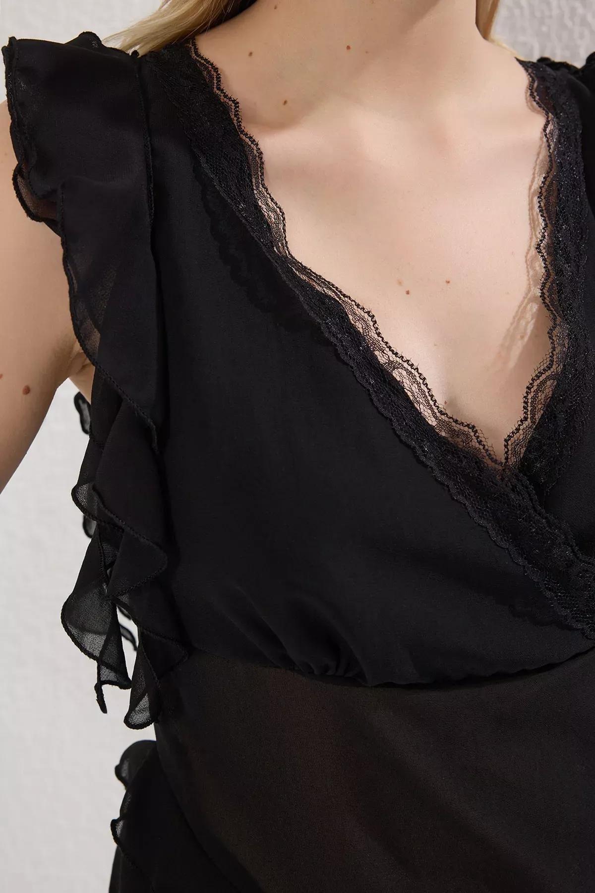 Black Chiffon Transparent Ruffle Blouse, , large image number 3