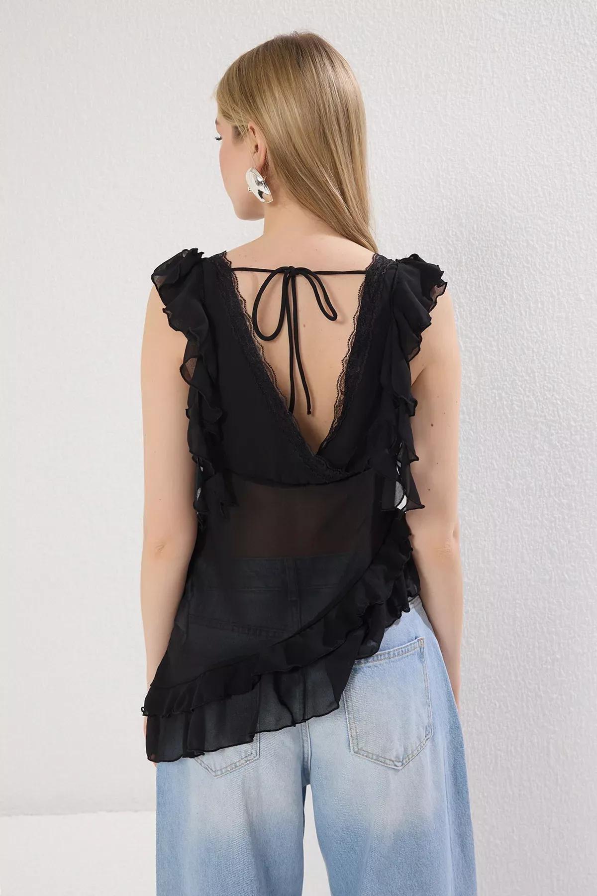 Black Chiffon Transparent Ruffle Blouse, , large image number 4