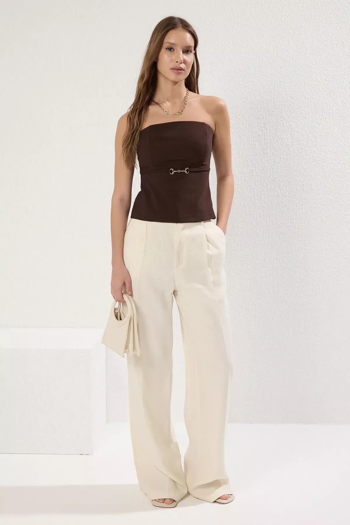 Brown Strapless Fitted Blouse, Brown, large image number 1