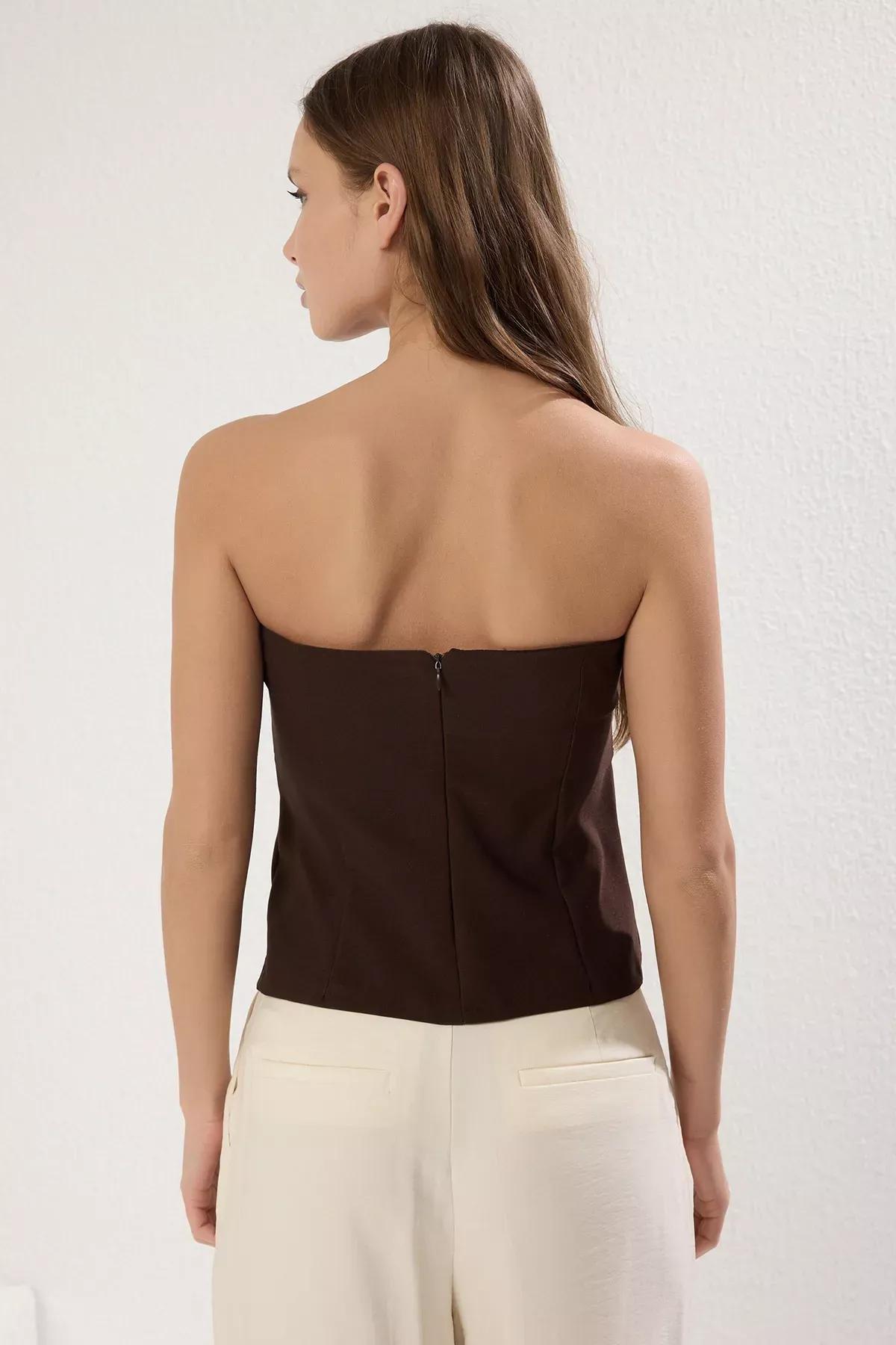 Brown Strapless Fitted Blouse, Brown, large image number 3