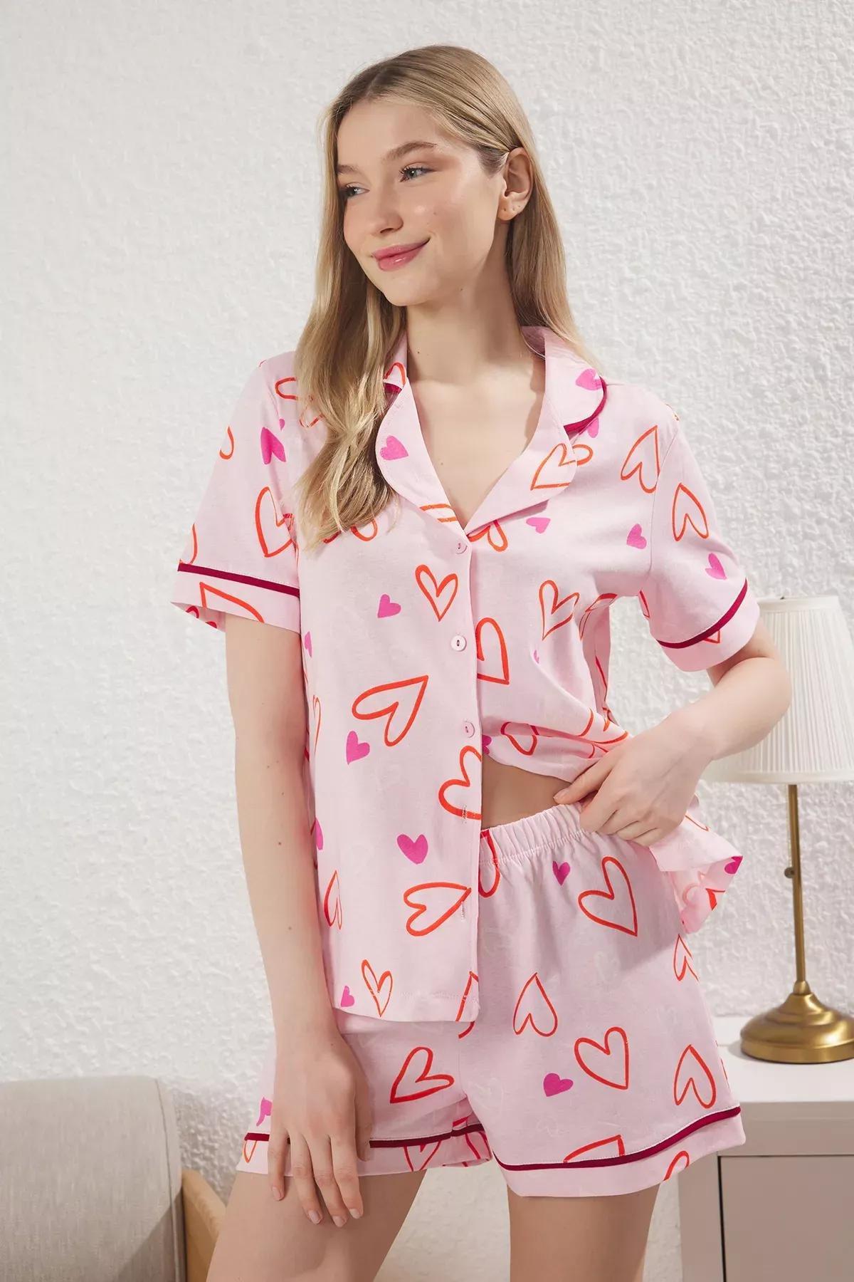 Pink Heart-shaped Pajama Set with Shorts, Pink, large image number 0