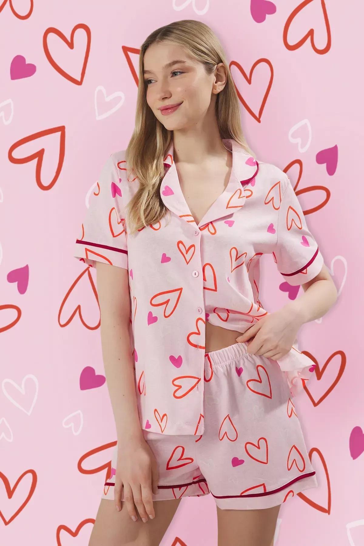 Pink Heart-shaped Pajama Set with Shorts, Pink, large image number 1