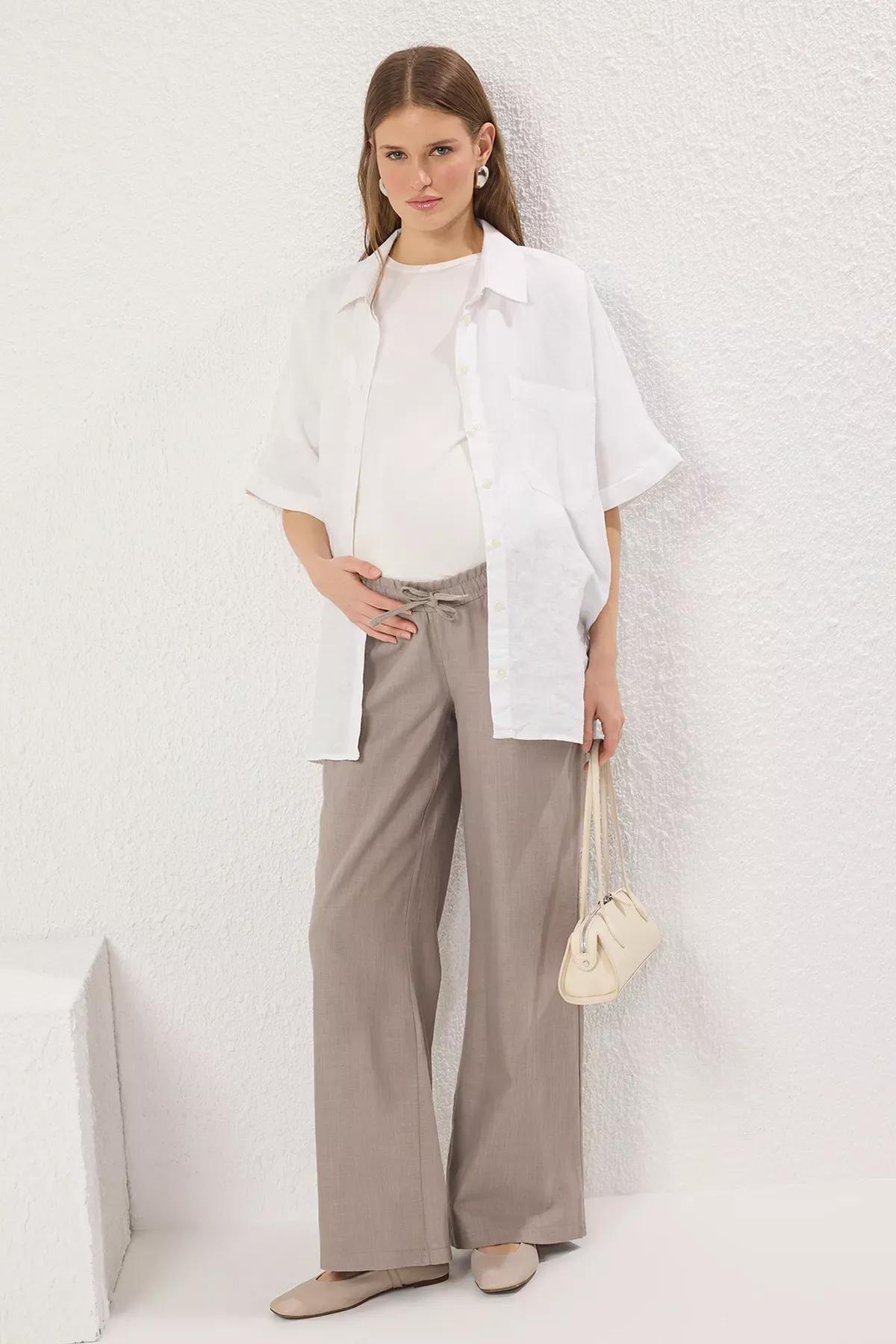 Grey Cotton-Linen Maternity Trousers, Grey, large image number 0