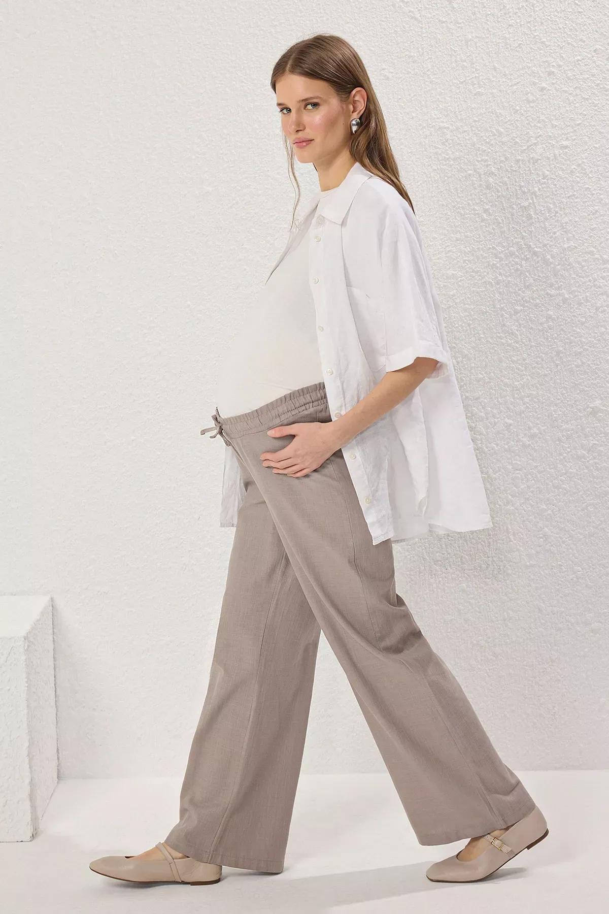 Grey Cotton-Linen Maternity Trousers, Grey, large image number 1