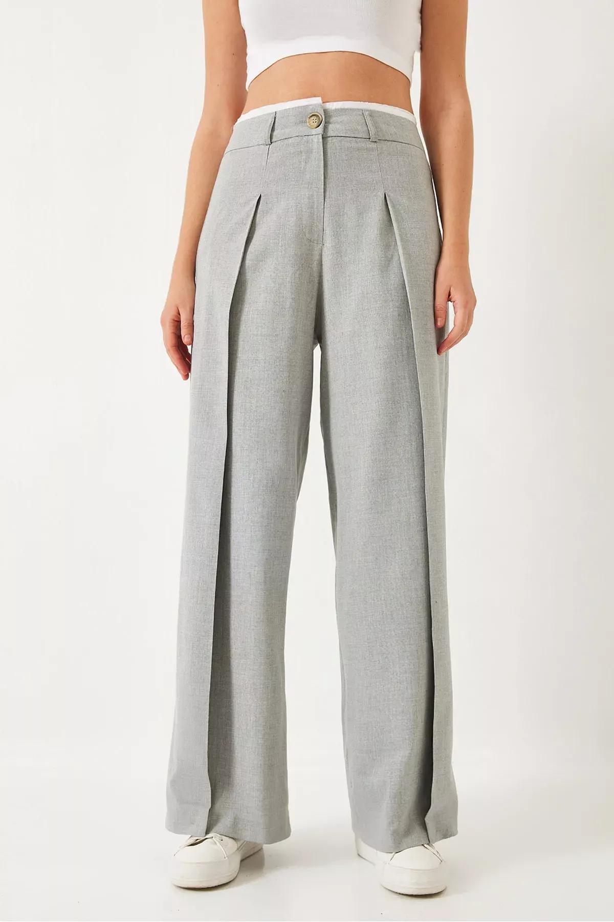 Grey Wide Pleated Waist Trousers, Grey, large image number 0