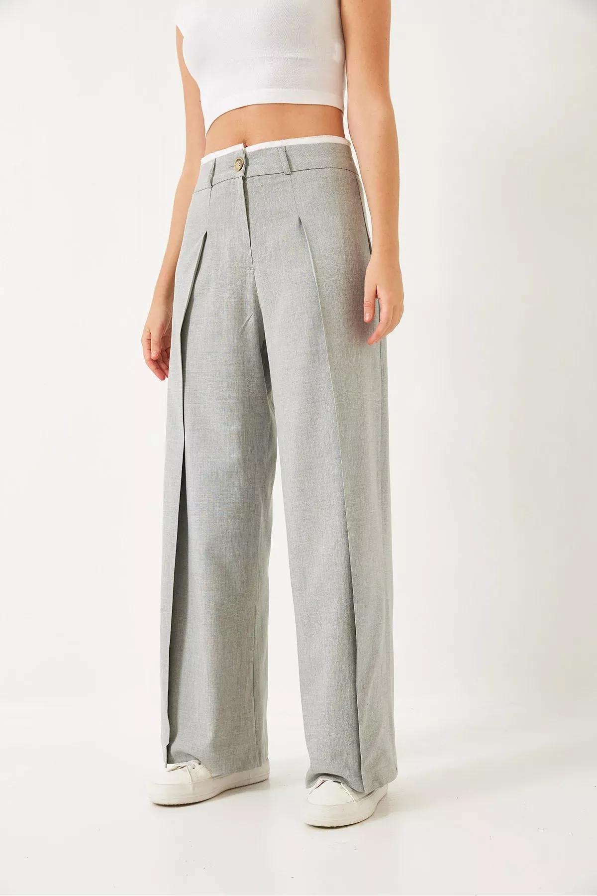 Grey Wide Pleated Waist Trousers, Grey, large image number 1