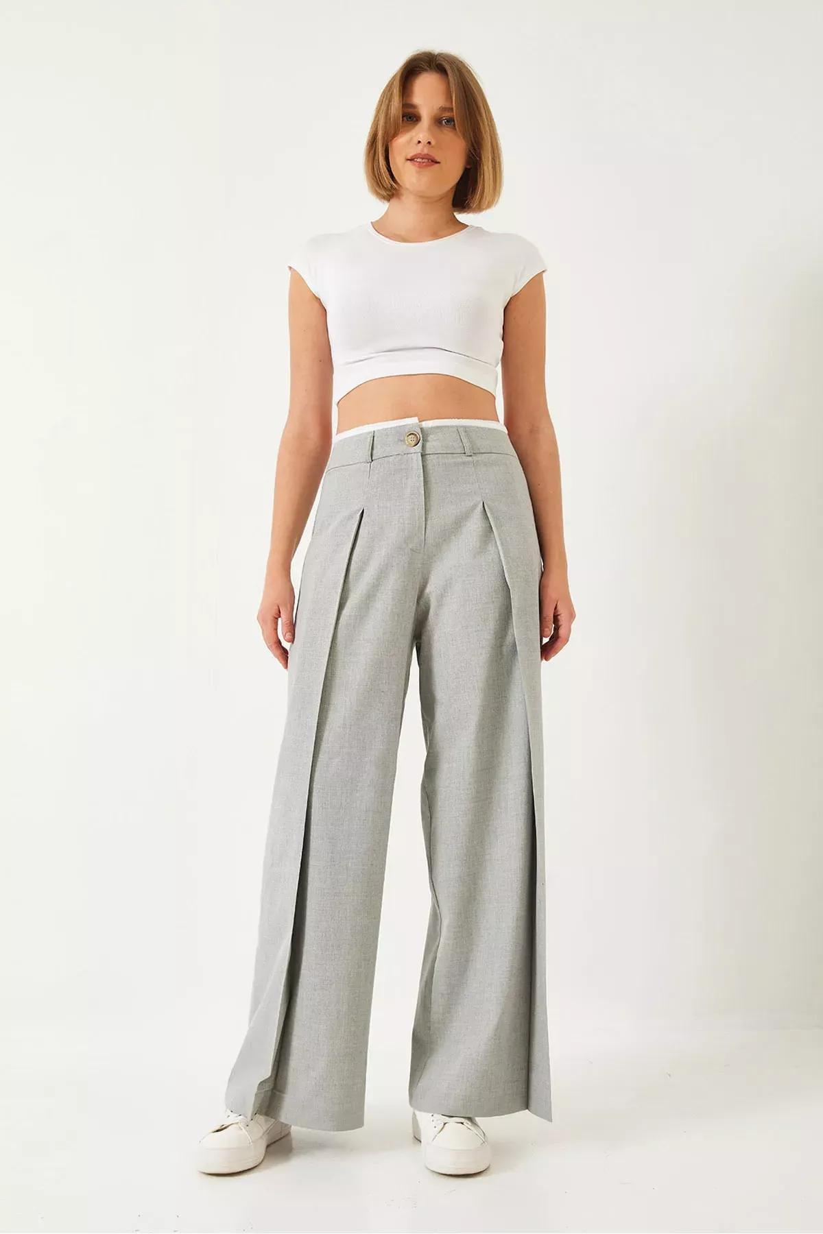 Grey Wide Pleated Waist Trousers, Grey, large image number 3
