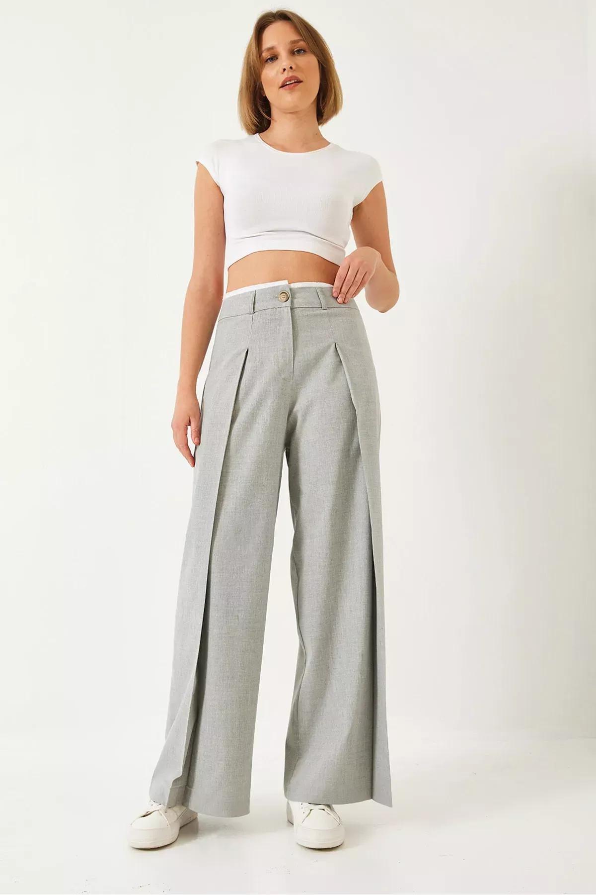 Grey Wide Pleated Waist Trousers, Grey, large image number 4