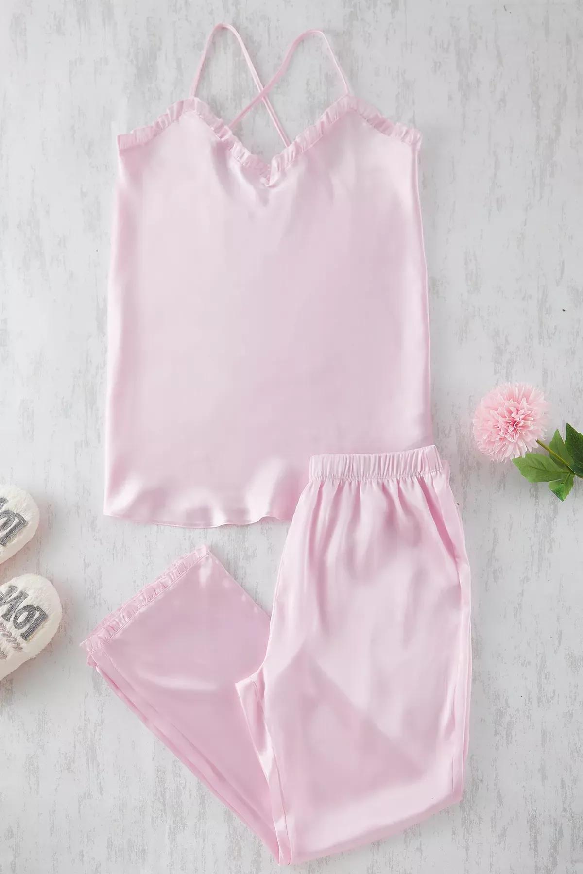 Pink Ruffled Satin Pajama Set, Pink, large image number 0