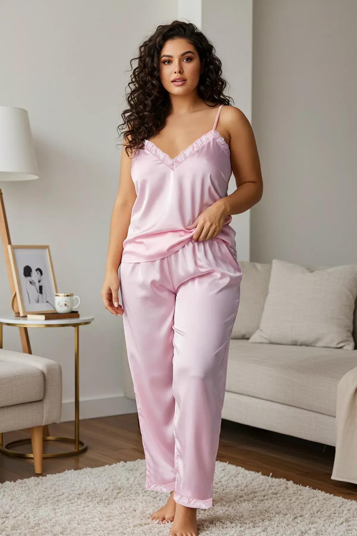 Pink Ruffled Satin Pajama Set, Pink, large image number 1