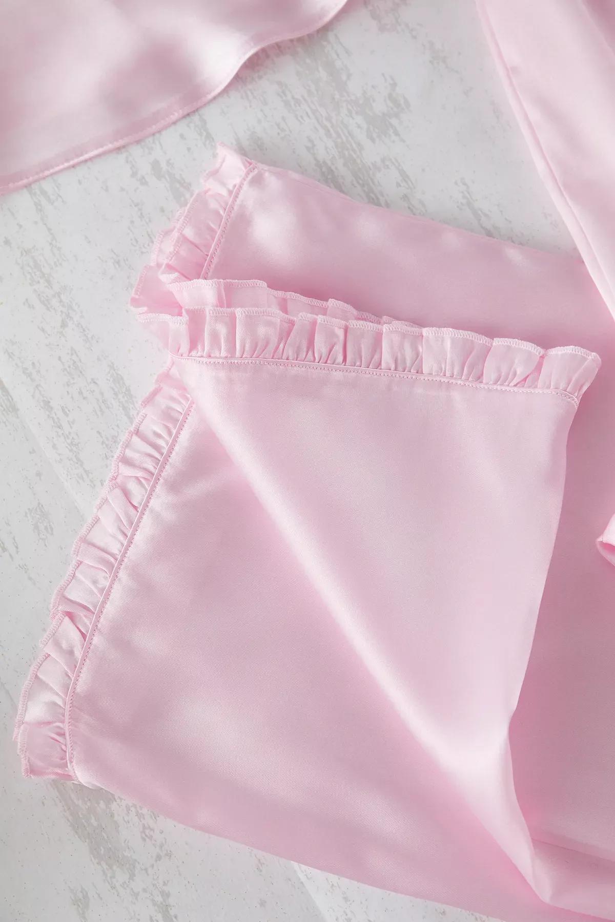 Pink Ruffled Satin Pajama Set, Pink, large image number 2