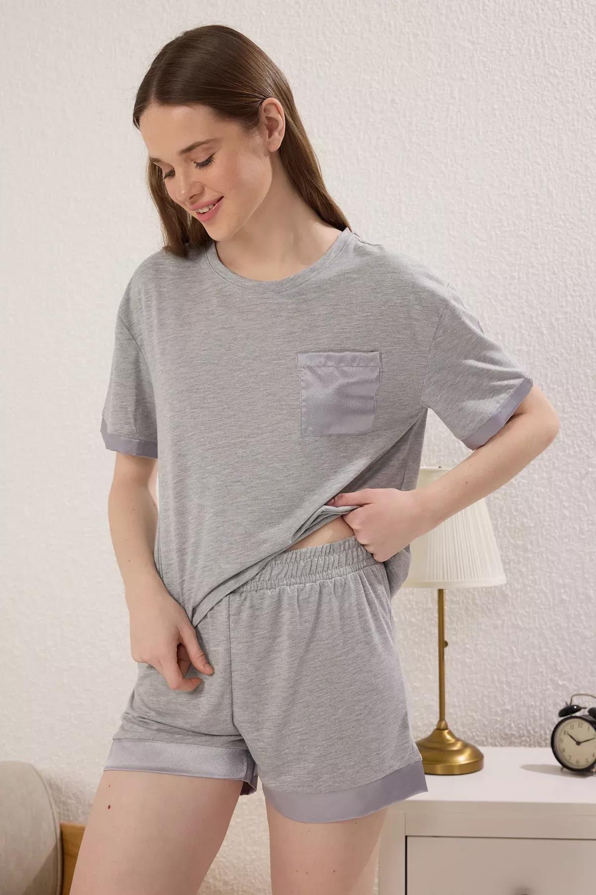 Grey Pocket Satin Cuffed Pajama Set, , large image number 0